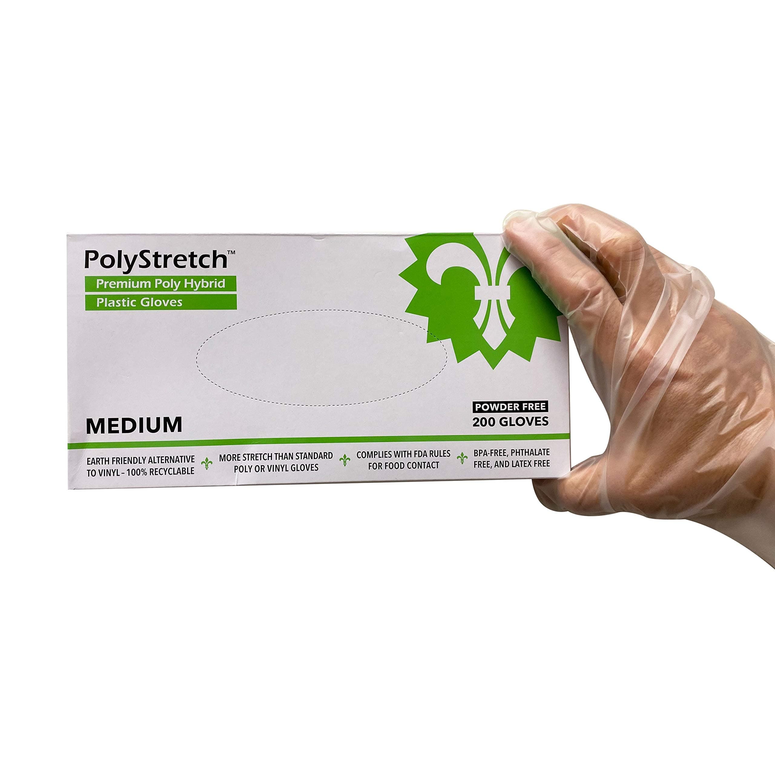 KingSeal PolyStretch TPE Poly Hybrid Disposable Gloves, Powder-Free, Vinyl Glove Substitute, Size Medium - 1 Box of 200 Gloves By Weight
