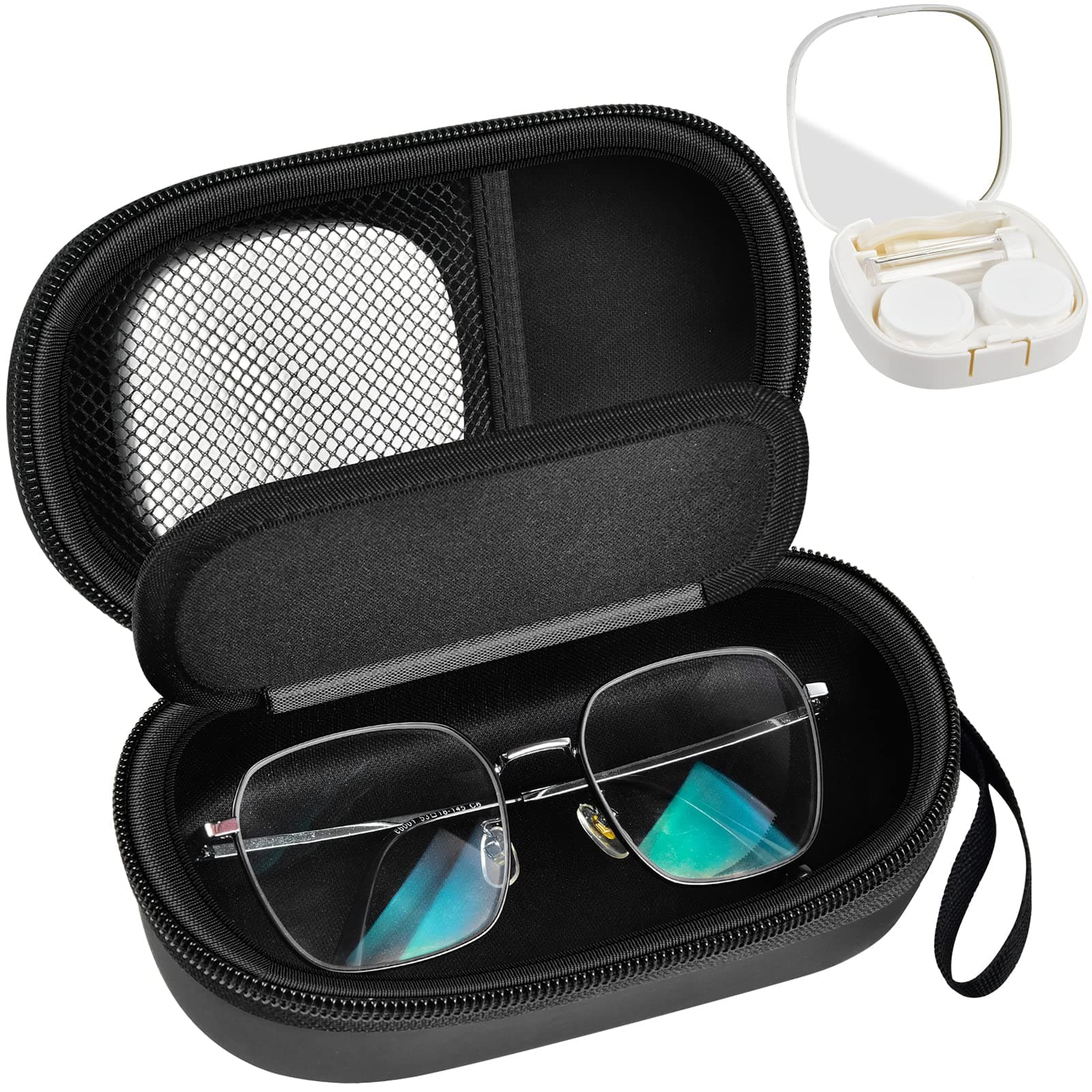 GWCASE Portable 2 in 1 Contact Lens Case and Glasses Case, Traveling Contact Cases Bag Box Holder with Soak Storage Kit Included Built-in Mirror, Tweezer, Contact Lens Solution Bottle and Hand Strap