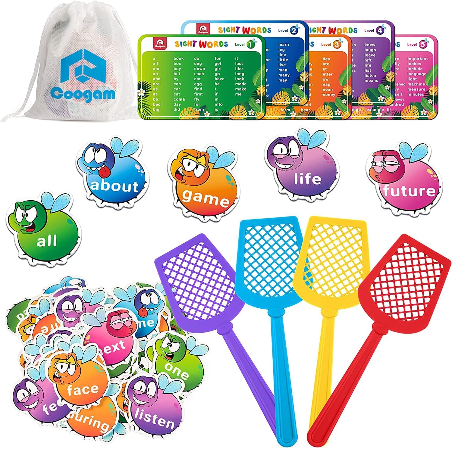Coogam Sight Words Game with 400 Fry Site Words and 4 Fly Swatters Set, Dolch Word List Phonics, Literacy Learning Reading Flash Cards Toy Games for Kindergarten,Home School Kids 3 4 5 Year Old