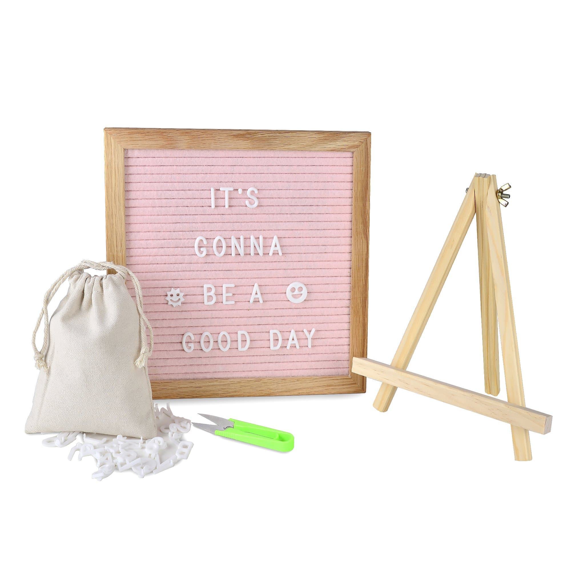 OlisChoice Changeable Pink Felt Letter Board Tripod Stand, Scissors & Canvas Bag - Message Sign Board with Emoji, Alphabet, Numbers - Oak Message Board, Marquee Sign by, 10x10 Inch with 340 Letters