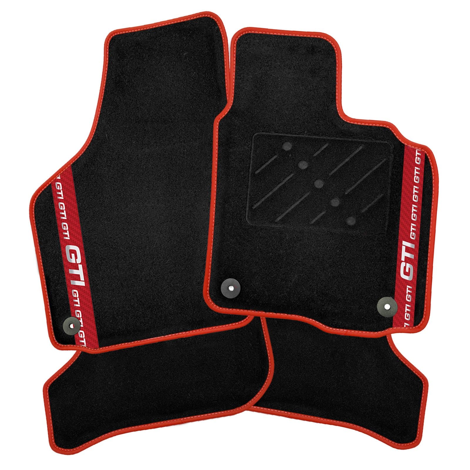 Car Mats FOR Volkswagen Golf MK7 2013-2020 Black Carpet - Red Leather - Red GTI Stripe on Fronts - Black Rectangle Heel Pad [SAPP-1478]