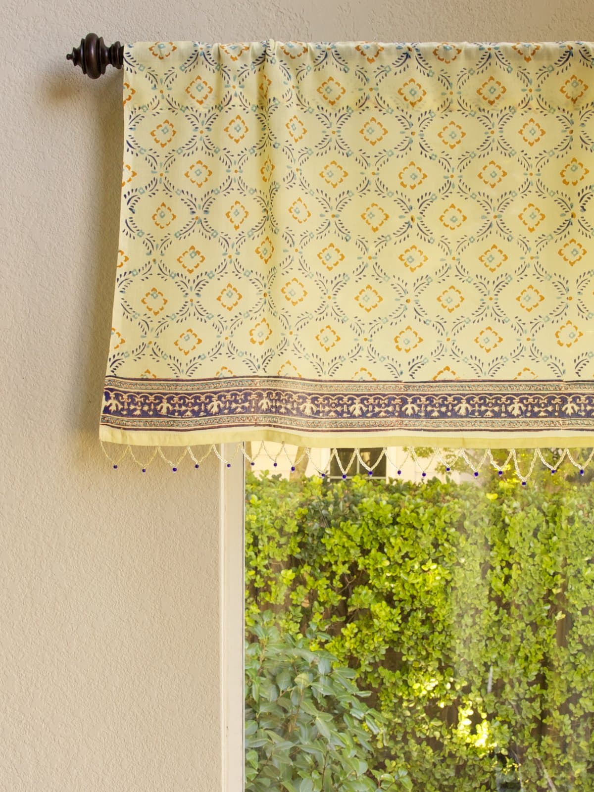 Saffron MarigoldSaffron Marigold Hand Printed Valance Curtain with Hand Beaded Trim, Yellow Morning Dew CP - Perfect for Kitchen, Bedroom, Bathroom - Fair Trade, 100% Cotton Voile, Light Filtering - 44x17 in