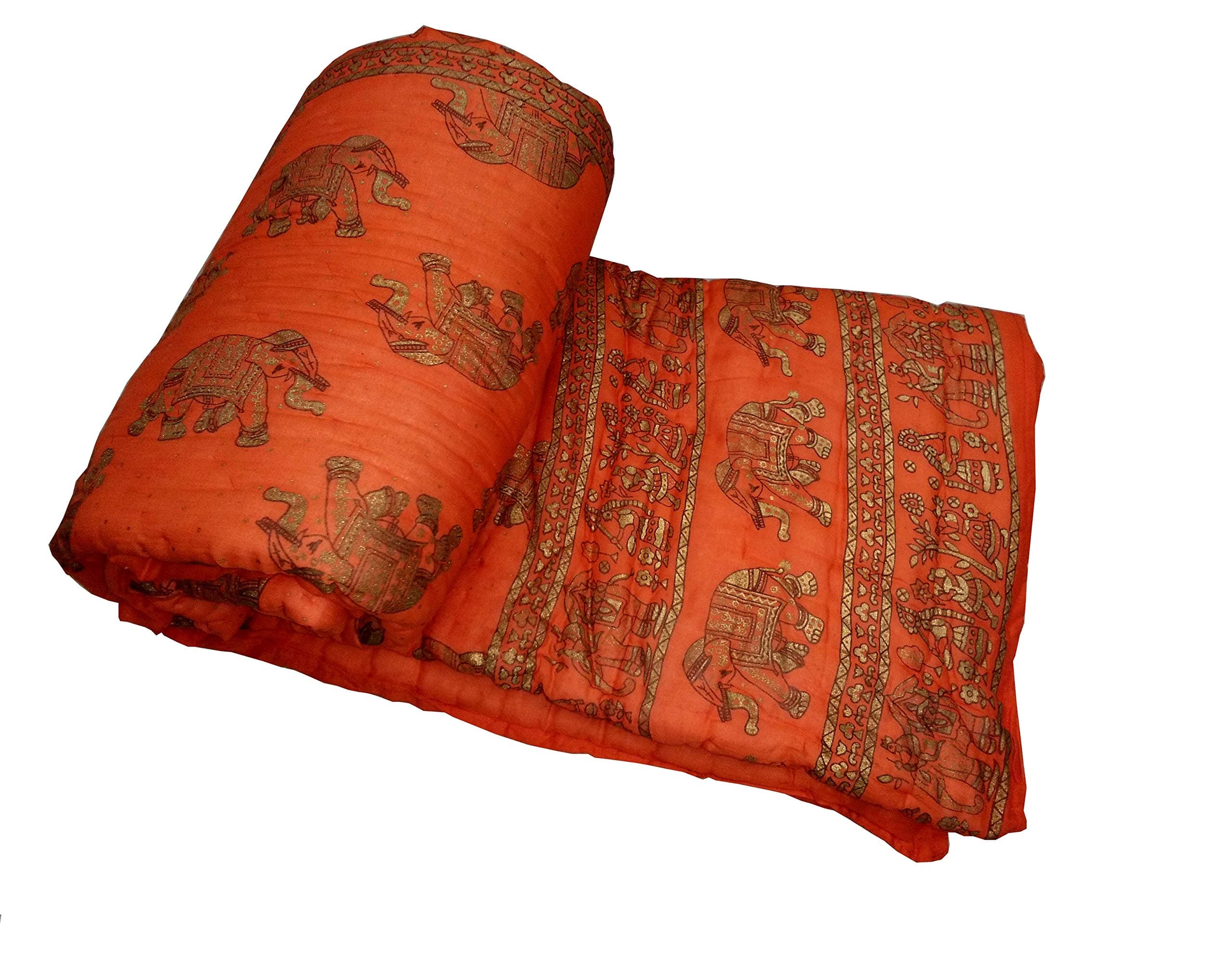 Sunita Enterprises Indian Orange Elephant - Floral Cotton Design Authentic Handmade Rajasthani Double Bed Jaipuri Razai ( Sanganeri Quilt, Rajai ) with Cotton Filling