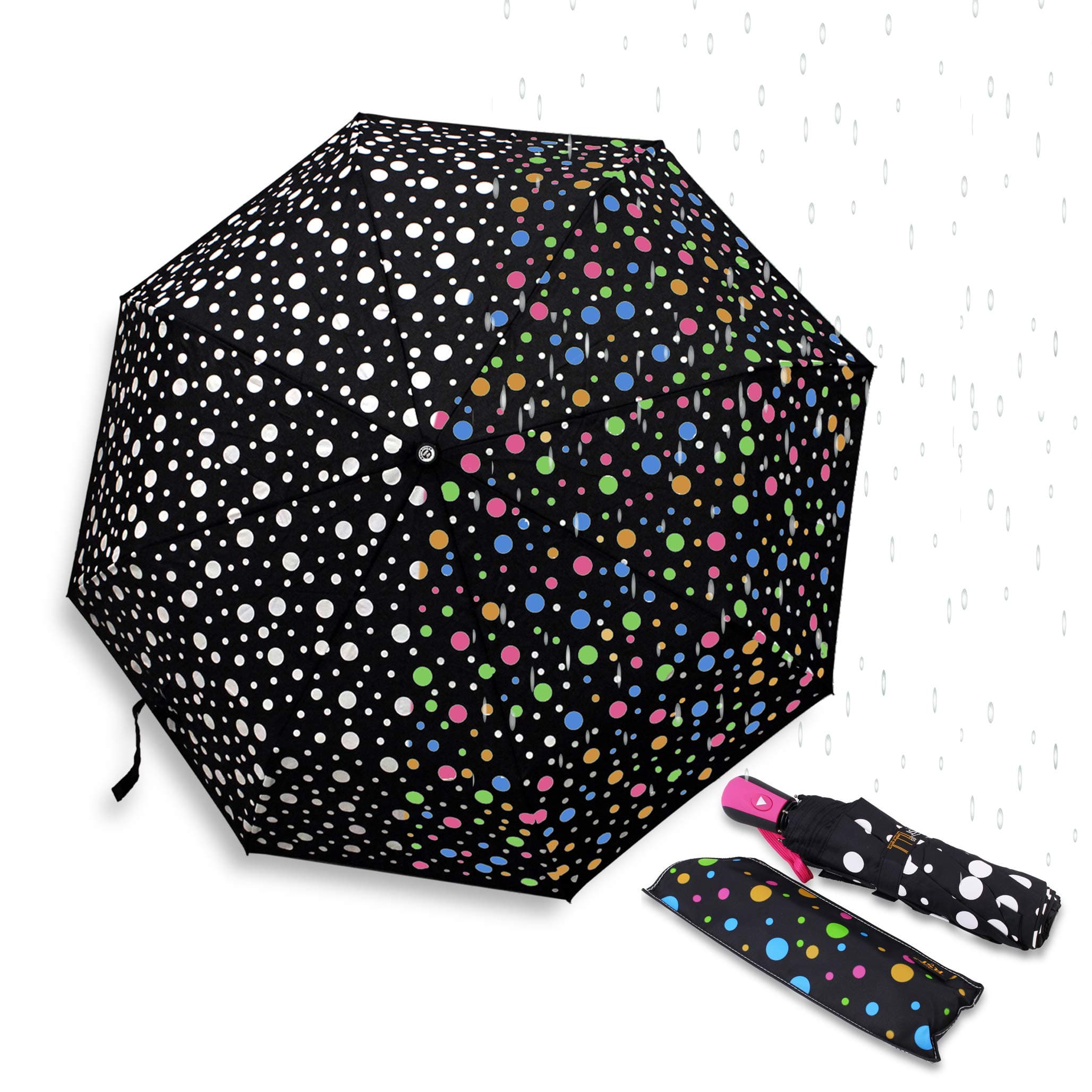 Color Changing Folding Umbrella with Cute Polka Dots Pattern Automatic Open Close Button Portable Light Weight Windproof Foldable Good Gift for her B11997