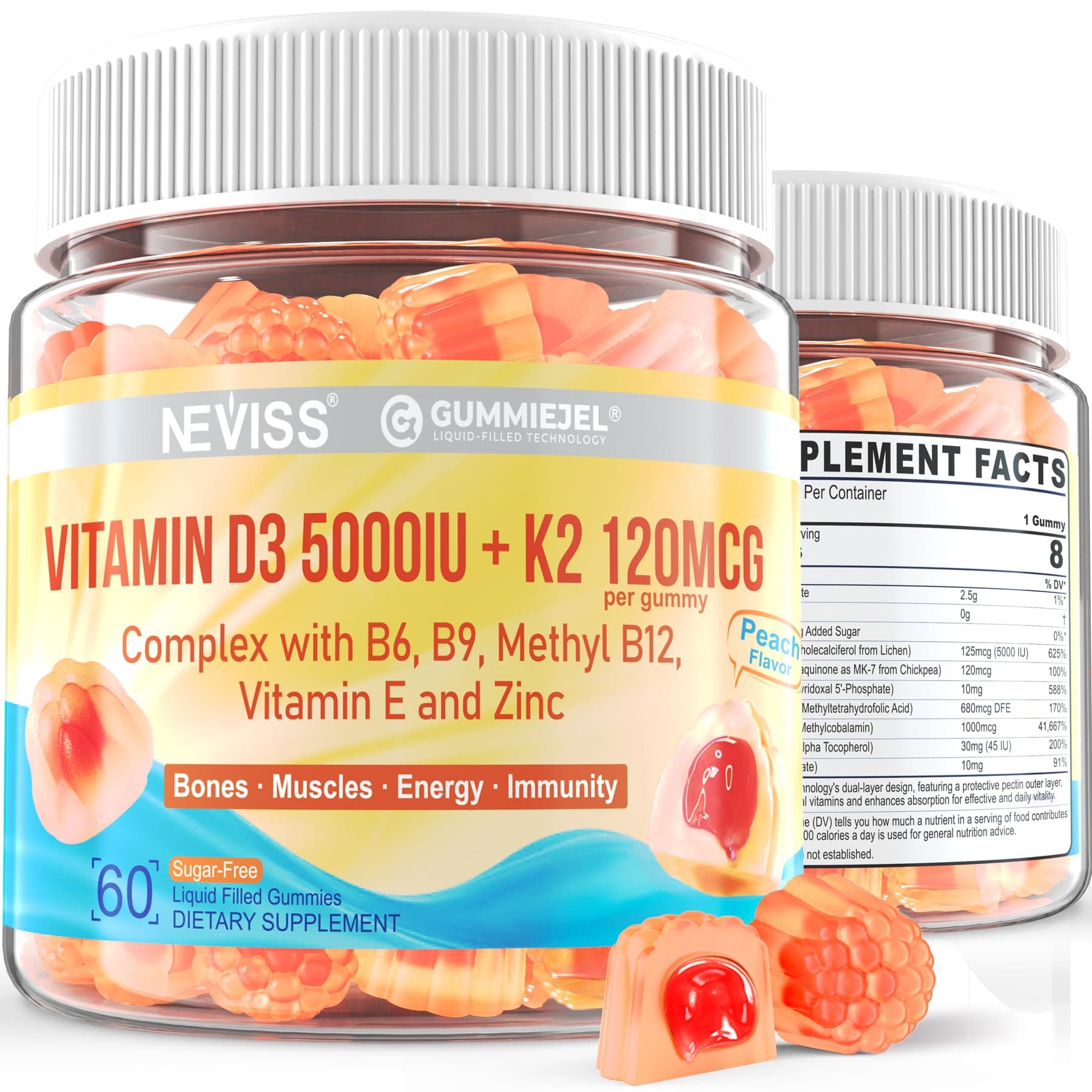 Vitamin D3 5000IU + K2 (MK-7) 120mcg, Sugar-Free Vitamin D3 K2 Filled Gummies with Vitamin B Complex - Methyl B12, B9, B6 | Vitamin E & Zinc, MCT Oil - Supports Bone & Teeth Strength, Immune, 2PACK