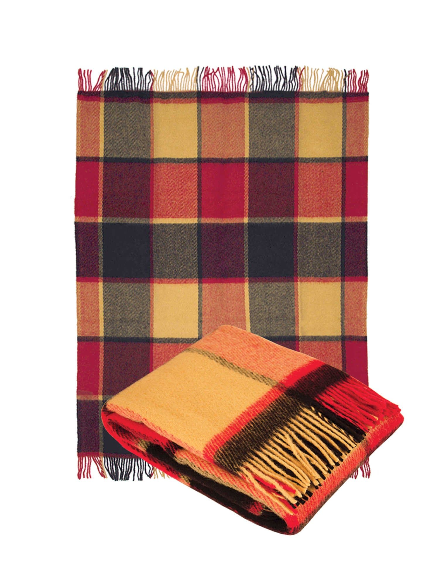 Pure Wool Throw Blanket with fringe 55x79” (Twin) classical Tartan Red Mocha, Medium Weight, made in Europe By Yaroslav Mill.