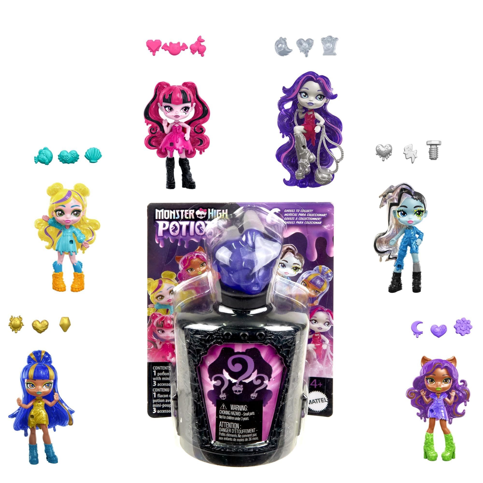 Monster High Potions Mini Dolls and Accessories, Surprise 3-inch Character Figures in Display Bottle with Water Reveal & Charms (Characters May Vary), HYB10