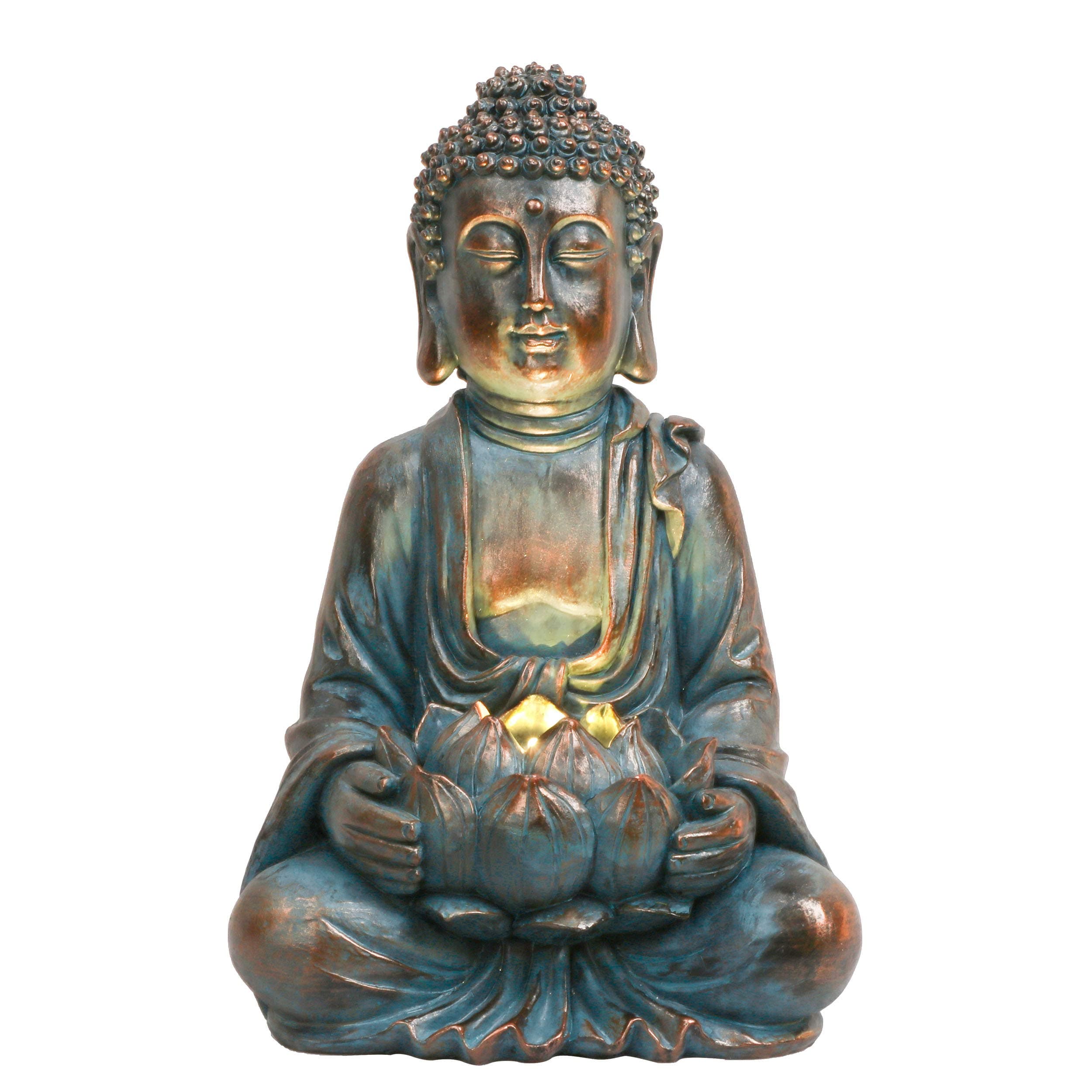 Garden Ornaments Outdoor, Bronze Meditating Buddha Statue with Solar Lights Lotus, Waterproof Resin Zen Decorations, Buddha Ornaments Gifts, Indoor Outdoor 27.5CM