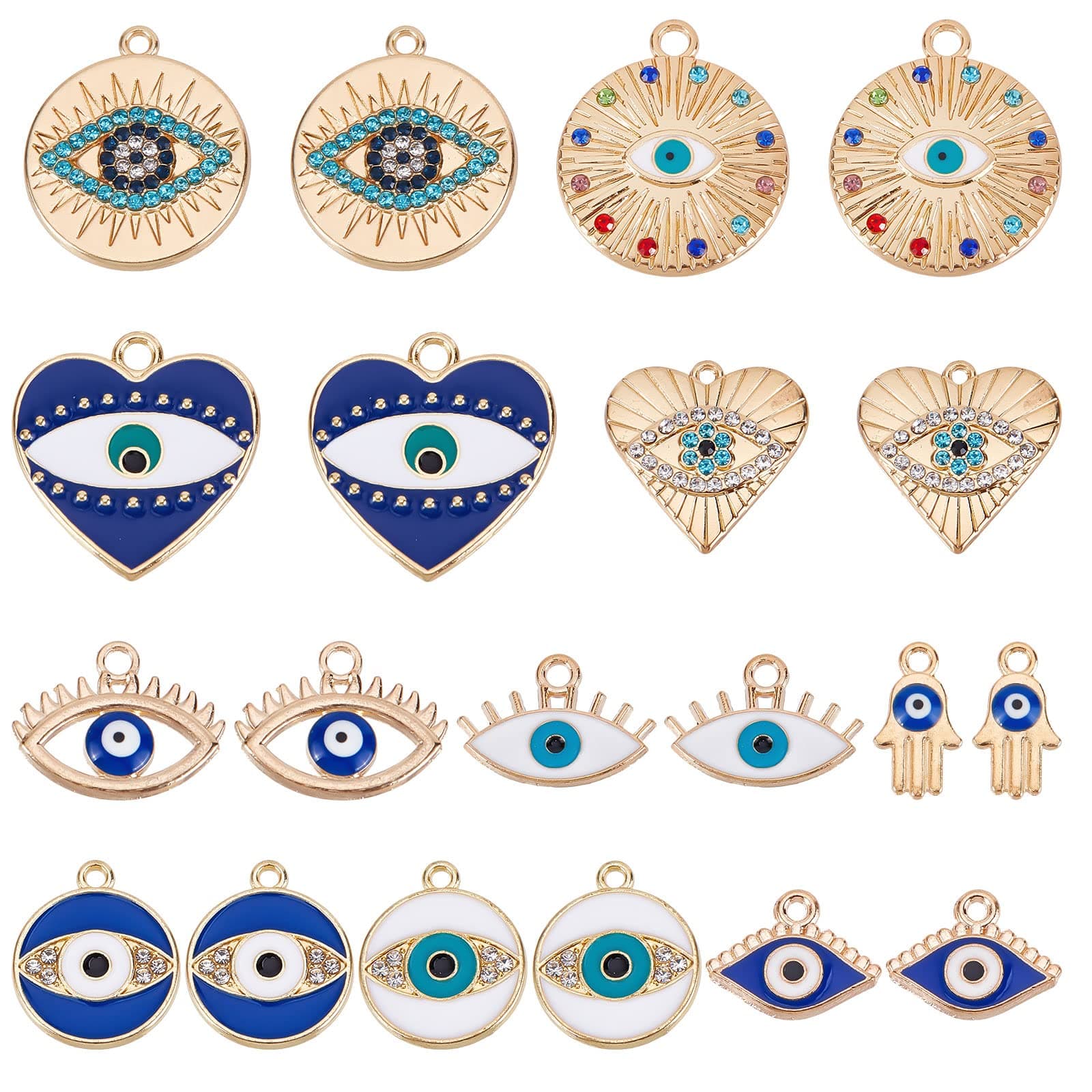 1 Box 40Pcs Evil Eye Charms Evil Eyes Charm Valentine's Day Heart Charm Flat Round Rhinestone Hamsa Hand Lucky Charms Love Charms for Jewelry Making Charm Earrings Necklace DIY Supplies
