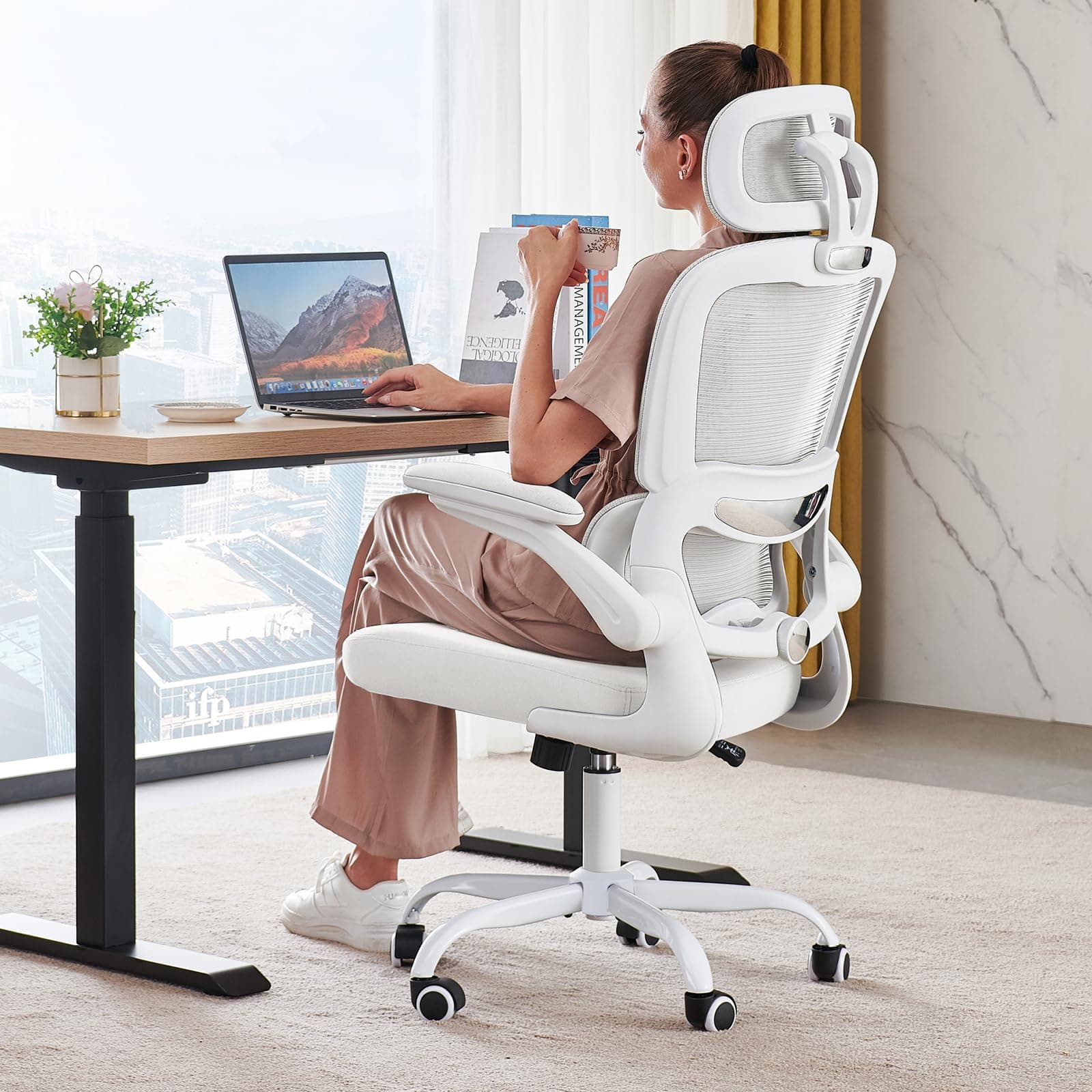 Office Chair Ergonomic Desk Chair, 330 LBS Home Mesh Office Desk Chairs with Wheels, Comfortable Gaming Chair, High Back Office Chair for Long Hours (White)