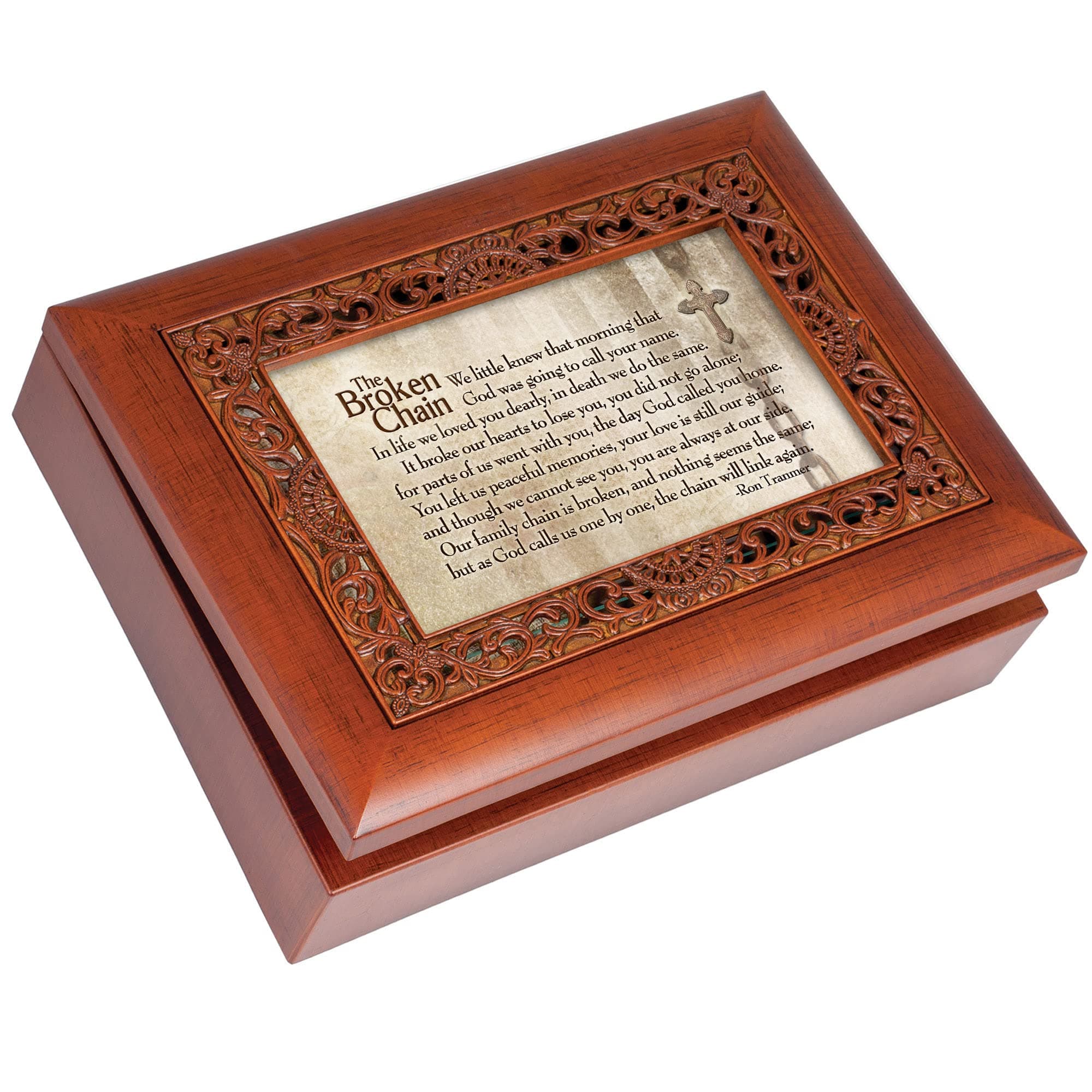 Cottage Garden Broken Chain Rich Woodgrain Finish with Ornate Inlay Jewelry Music Box Plays Song Amazing Grace