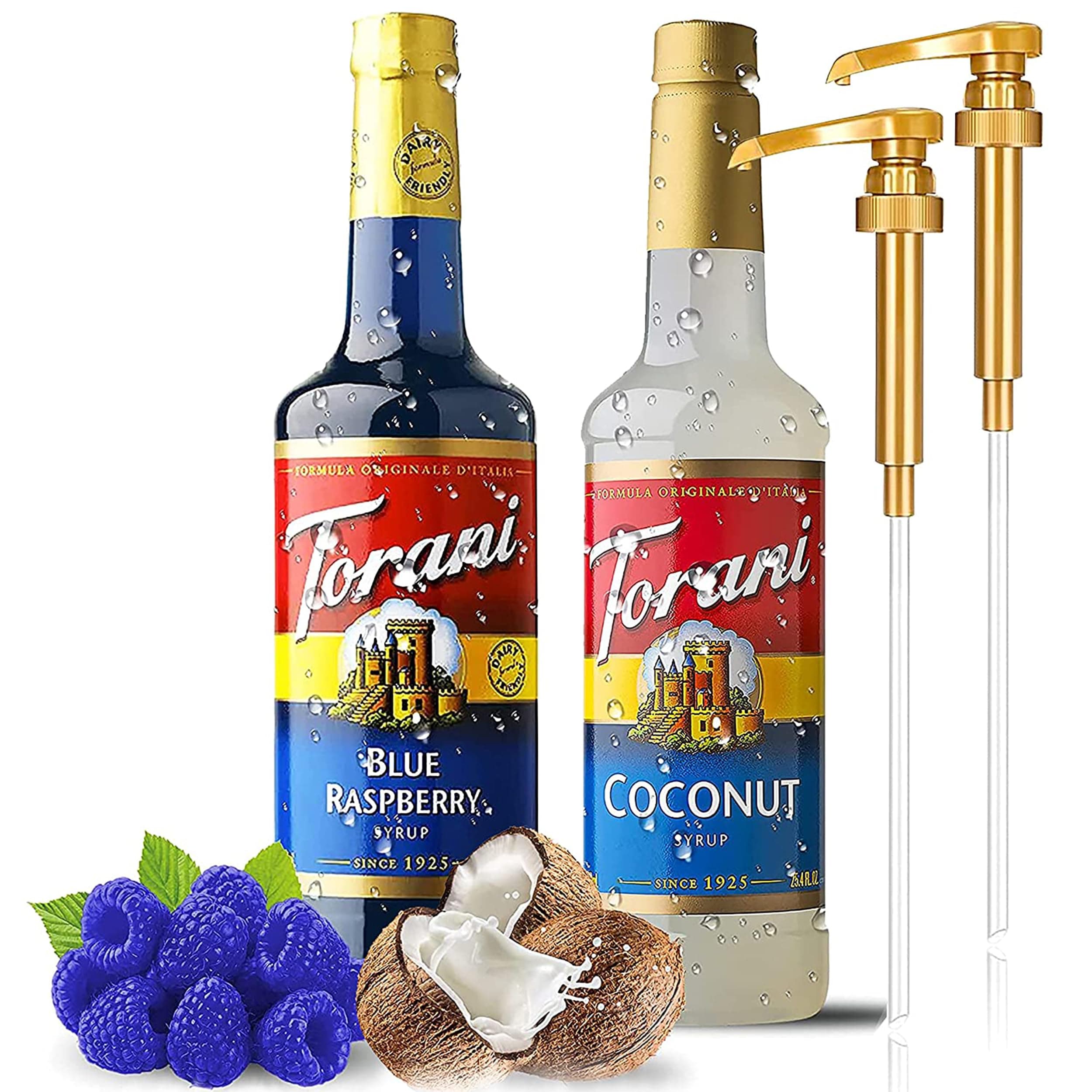 Jimoco Syrup Dispenser Pumps, With Syrup Bottles and Includes 1 of each, Blue Raspberry and Coconut 750 ml Coffee Syrup Flavoring Syrup For Italian Soda, Snow Cone, Ice Cream- 25.4Oz Bottle