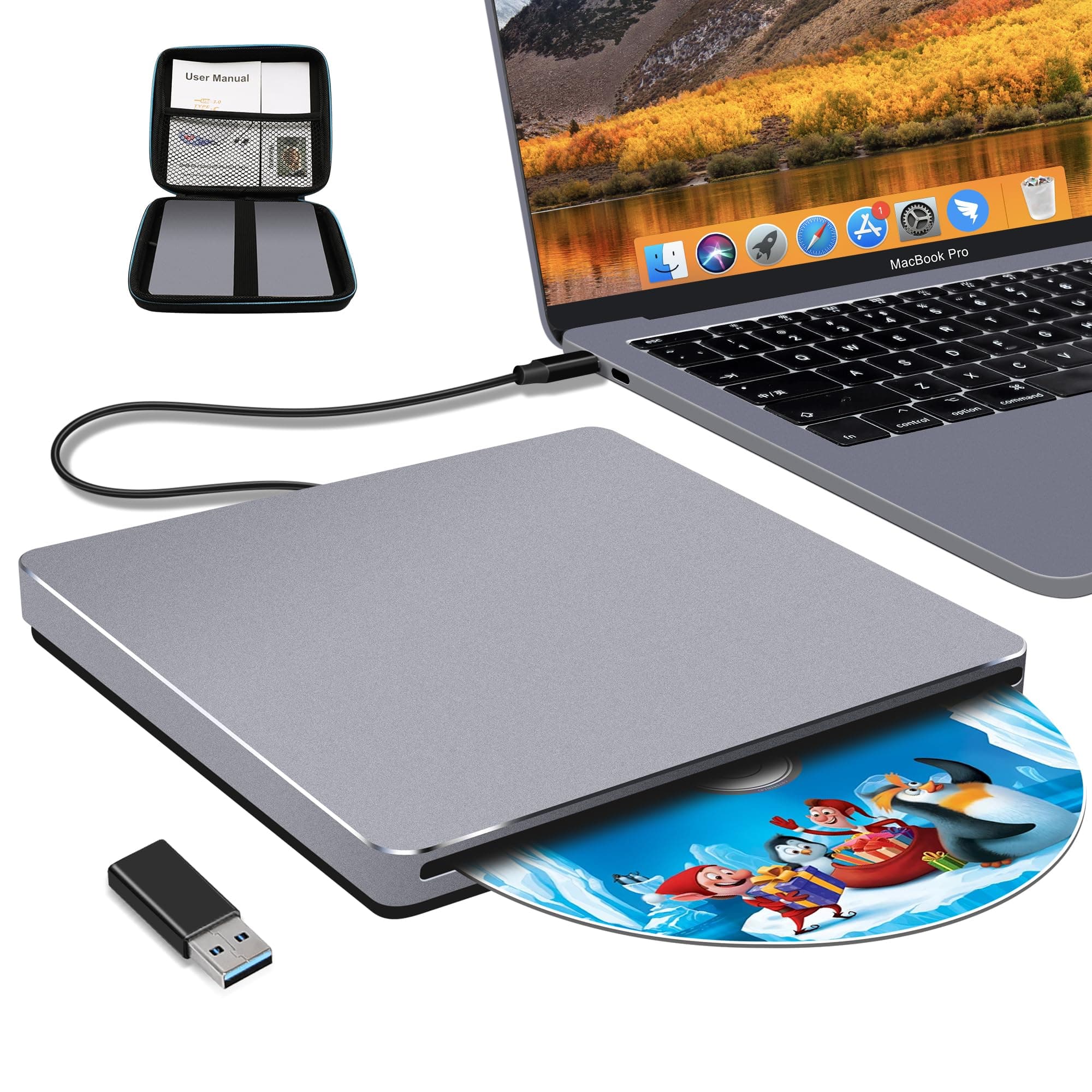 NOLYTH CD Drive External USB: Slot-in External DVD Player with USB 3.0 Adapter/Carrying Case - Aluminum Slim Portable USB-C Burner for Laptop Mac MacBook PC Windows 11