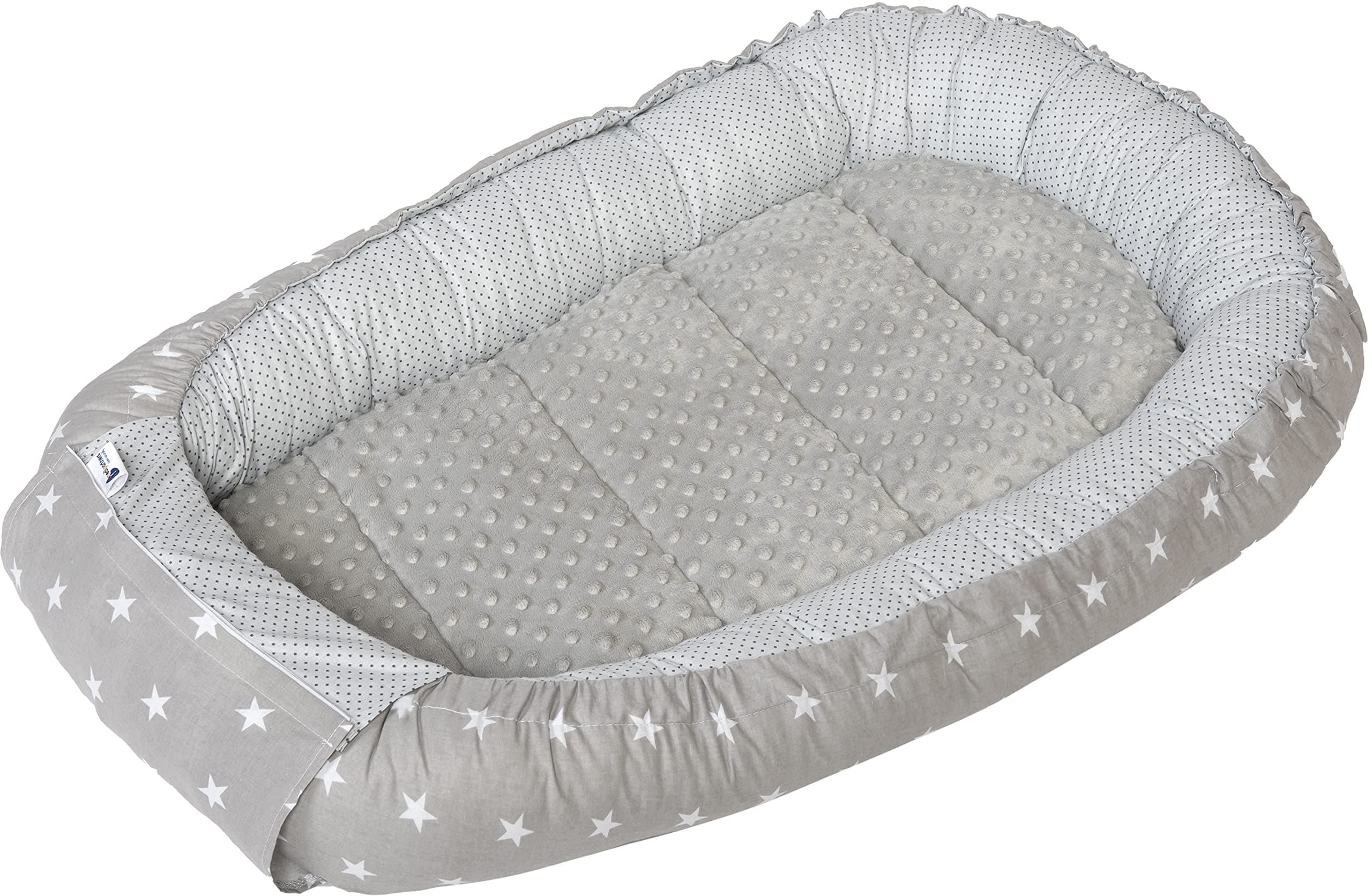 Medi Partners Baby Nest Pod for Newborn Babynest Sleep Bed - 100x60x15 Lounger Essentials 0-12 Months sleeping bilateral Cocoon 100% Cotton (Stars with grey Plush)