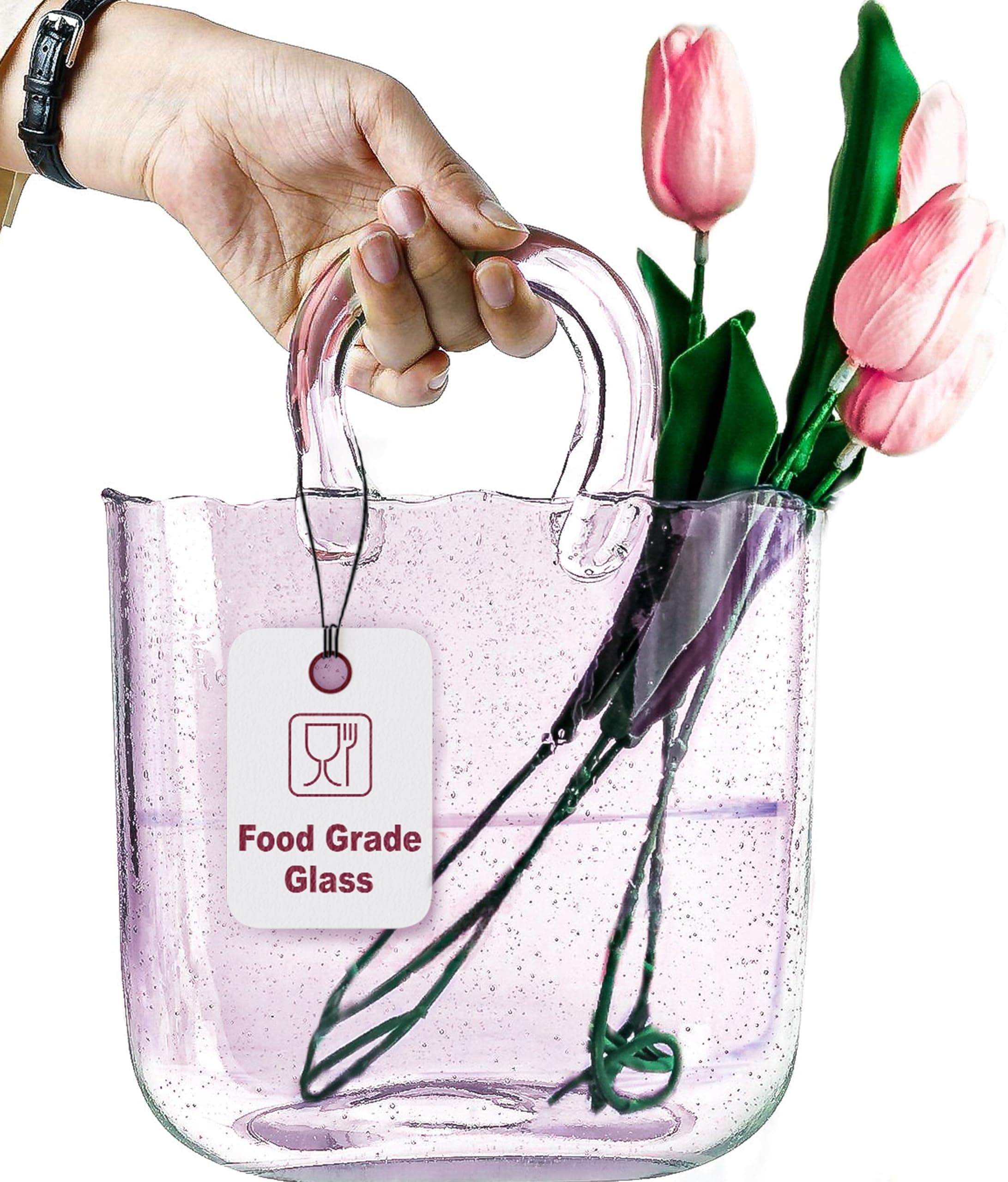 OLEEK Handmade Glass Purse Vase for Flowers and Drinks - 10 in - Cute Pink Centerpiece & Fish Bowl - Unique Handbag Flower Vase - Wide Mouth Decorative