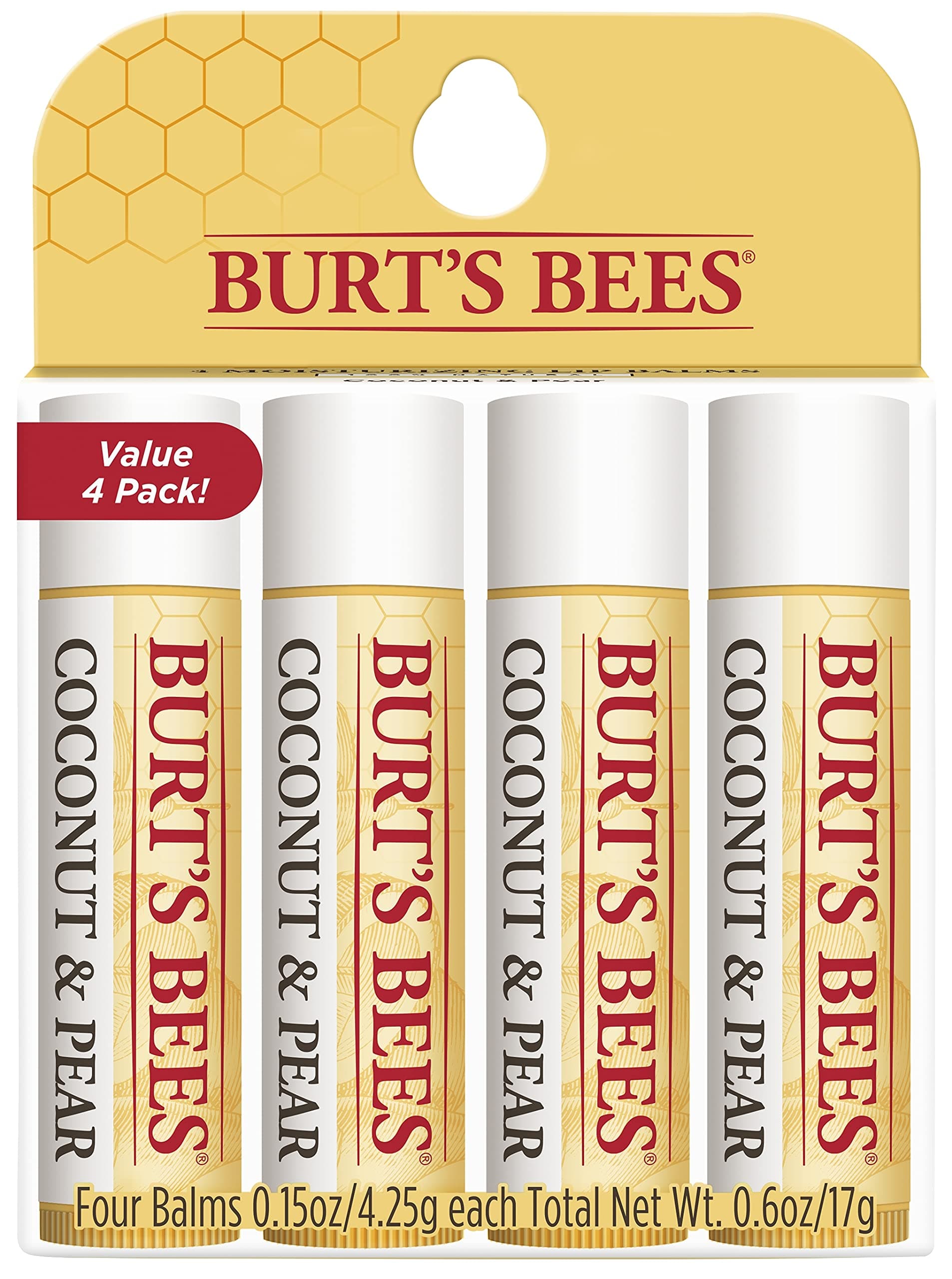Burt's Bees 100% Natural Moisturizing Lip Balm, Coconut & Pear with Beeswax & Fruit Extracts, 4 Tubes