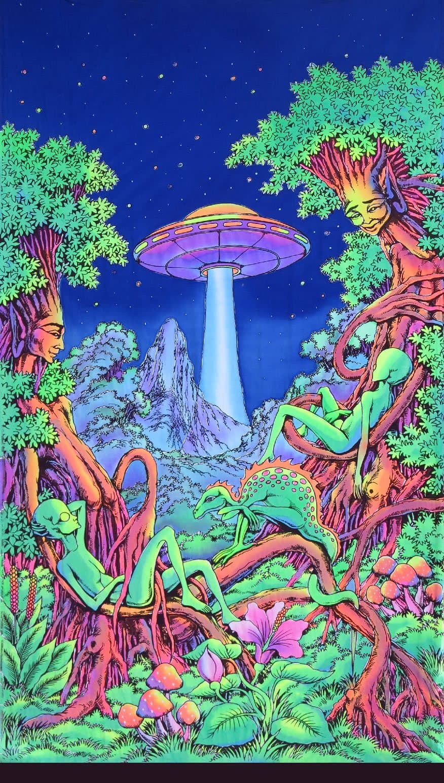 Psychedelic Tapestry 'UFO Jungle' - Hand-painted & silkscreen batik wall-hanging - UV active wall-hanging -Trippy wall art - Black light active - Trippy fantasy tapestry
