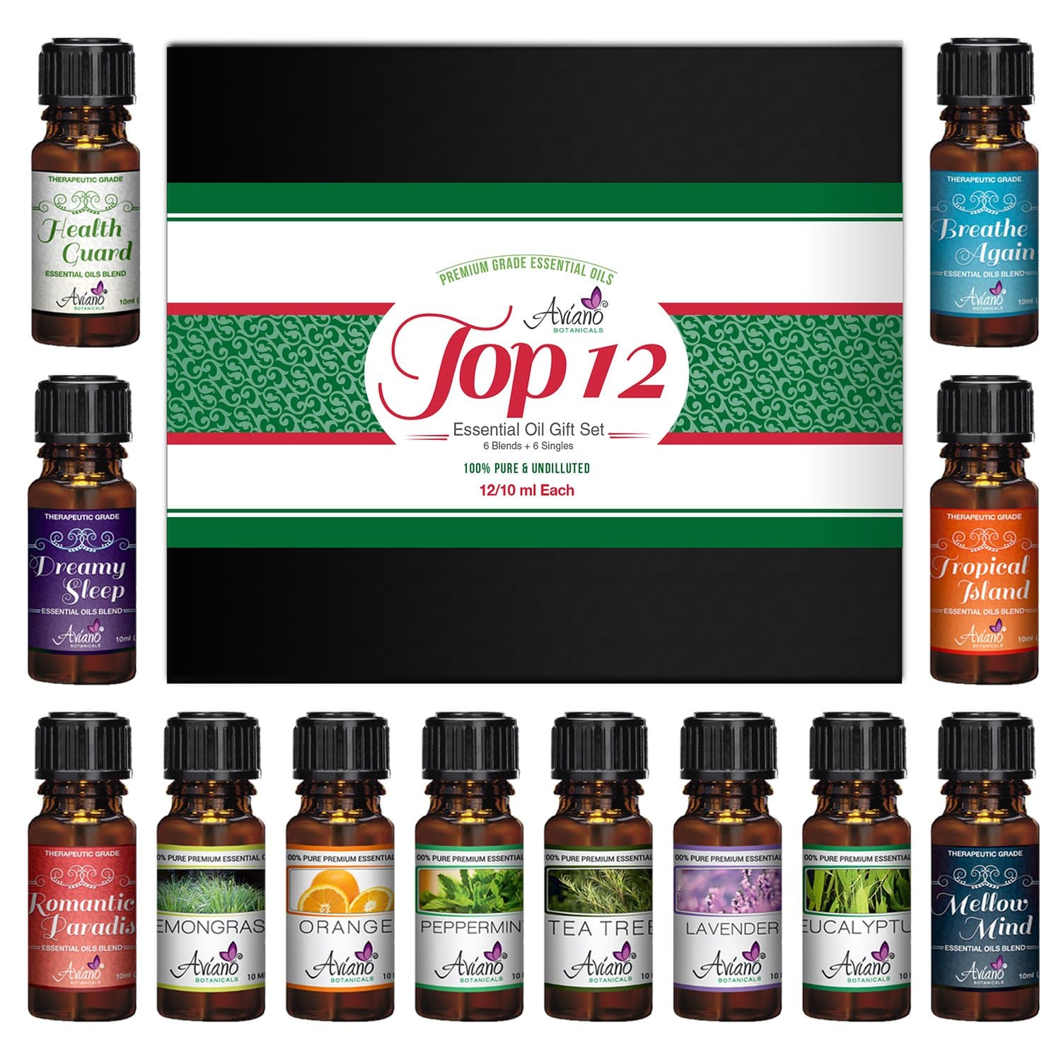 Top 12 Essential Oils Gift Set for Diffuser - Christmas Gifts for Mom, Grandma, Women, Wife, Her for Aromatherapy by Aviano Botanicals