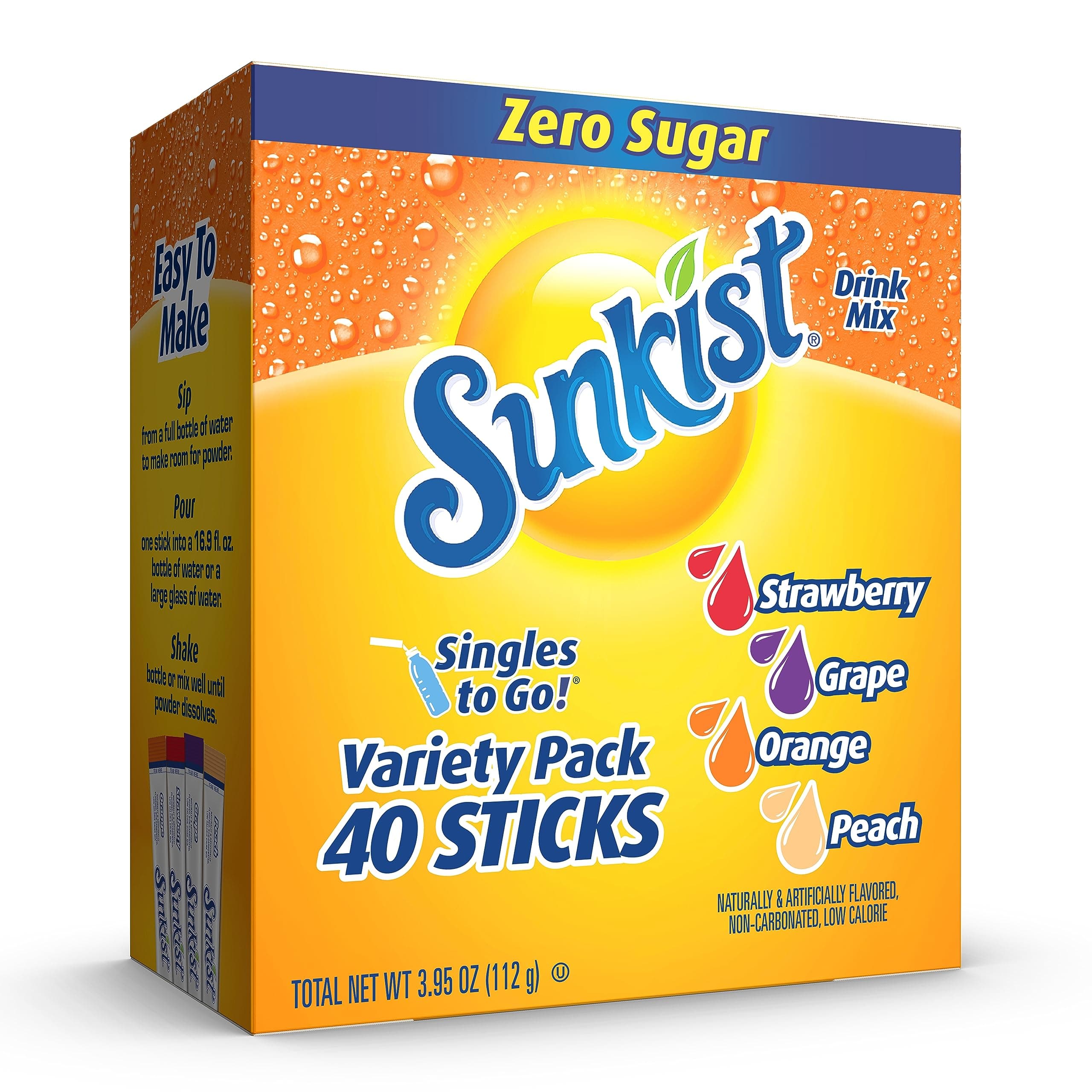 Sunkist Soda Variety Pack, Singles To Go Orange, Strawberry, Grape and Peach (40 Total Sticks)