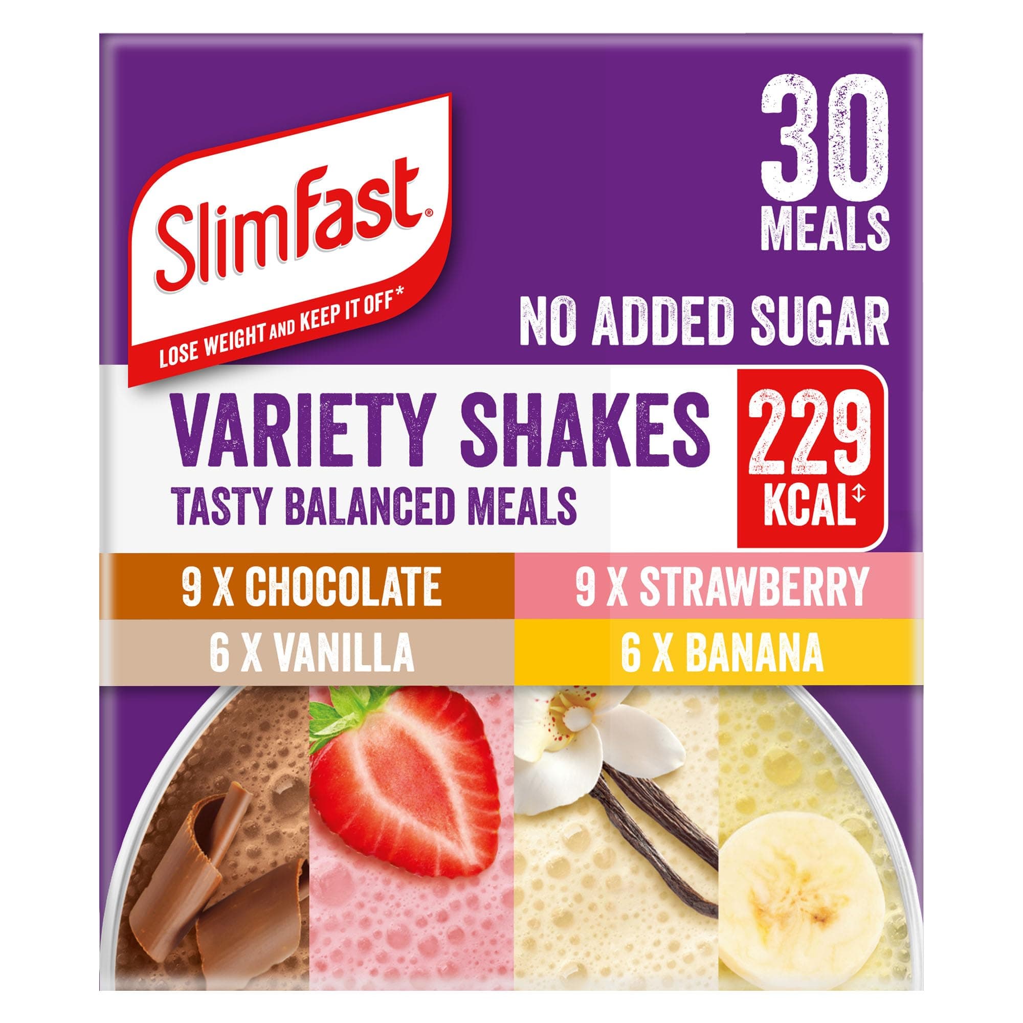 SlimFast Variety Shakes Sachet Assorted Box, Tasty Shakes for Balanced Diet, Chocolate, Strawberry, Vanilla and Banana Flavours, 30 Sachets, 3 x 10 Multipack