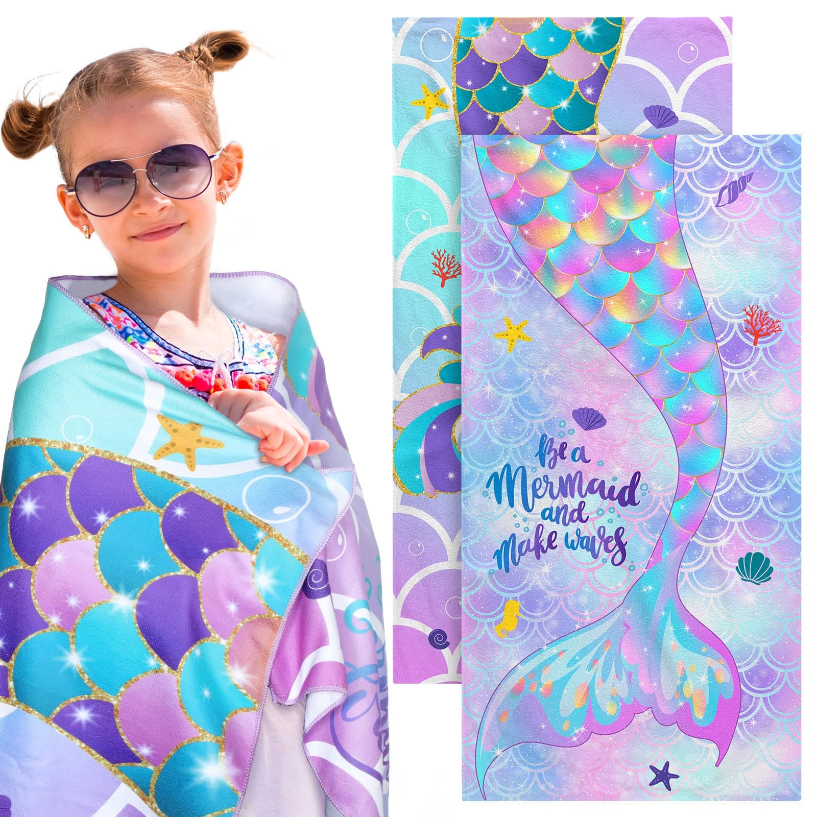 Yahenda 2 Packs Mermaid Beach Towel for Kids Quick Dry Beach Swimming Bath Pool Towel for Kids Girls Travel Shower Swimming Camping, 28 x 55 Inch