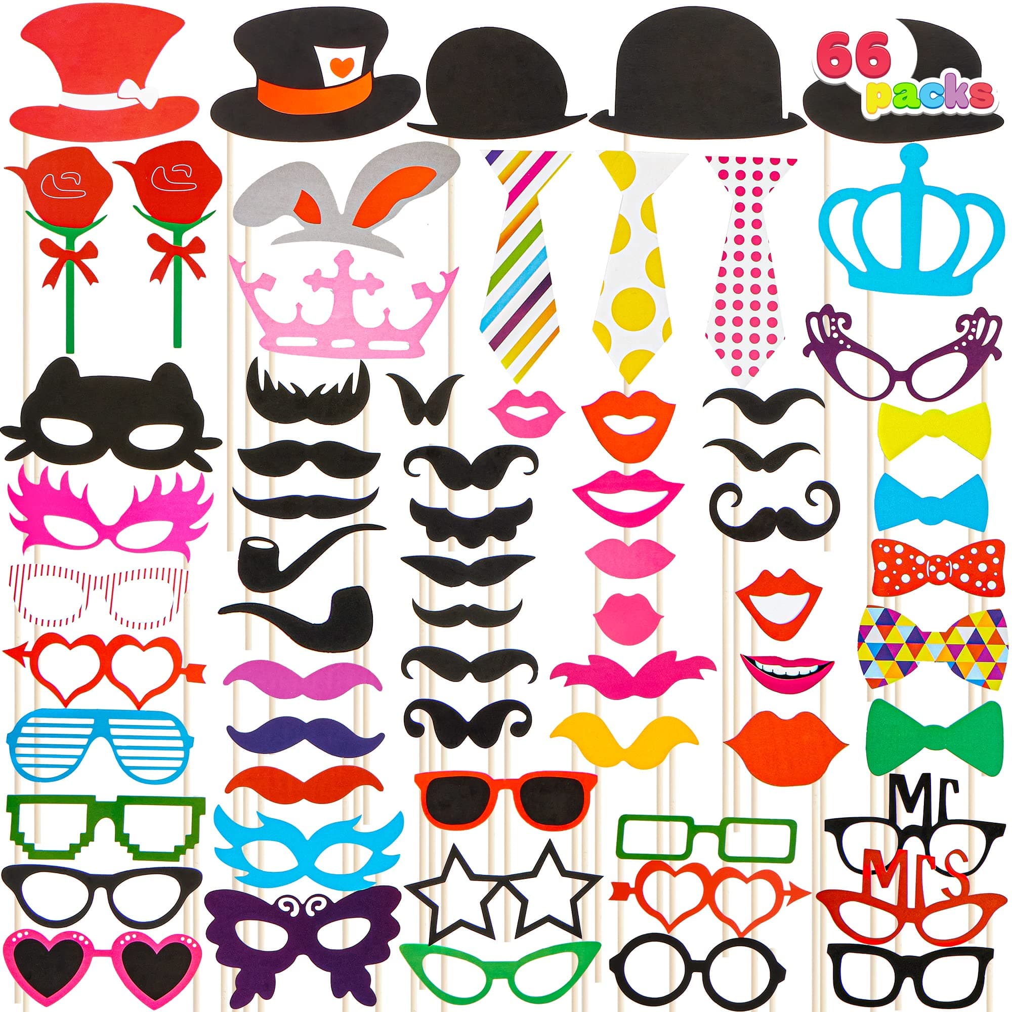 Toy Photo Booth Props 66 Pieces,Multicolor Kit for Graduation Wedding Party Supplies Favors,with Stick, Hats, Glasses, Mouth, Bowler, Bowties