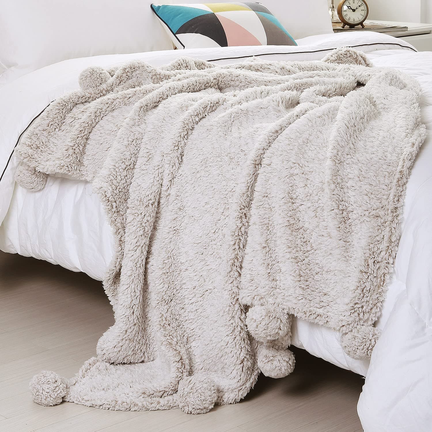 Sedona House Textured Throw Blankets Back Printing Sherpa Throw Blanket with Pompom (Grey)