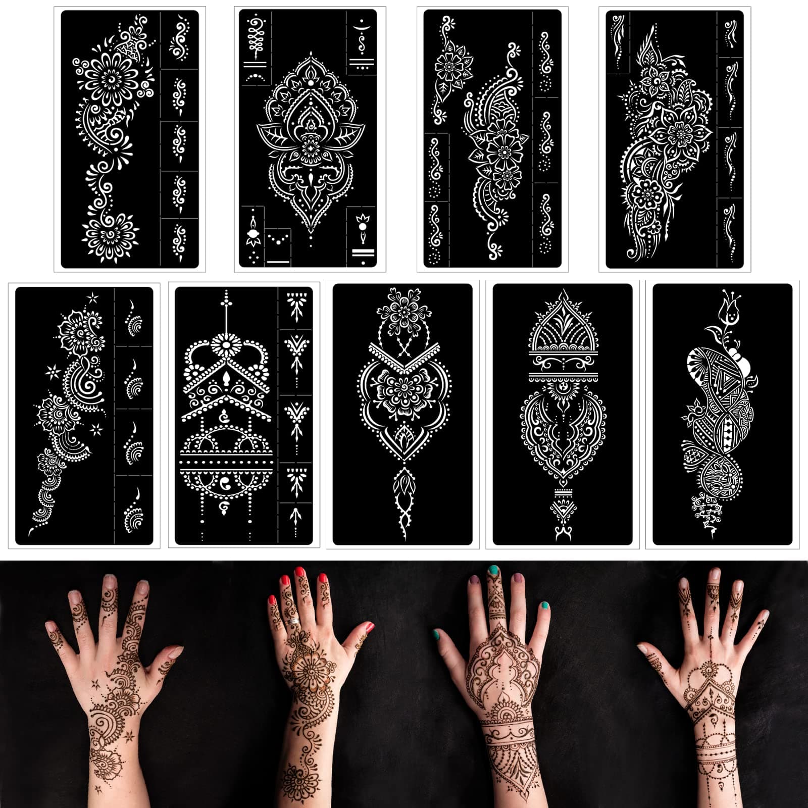 Henna Tattoo Stencils kit,Reusable Henna Stencils for Hand Forearm Glitter Airbrush DIY Tattooing Template, Indian Temporary Tattoo Stickers for Women Girls（8.2" x 4.7"）