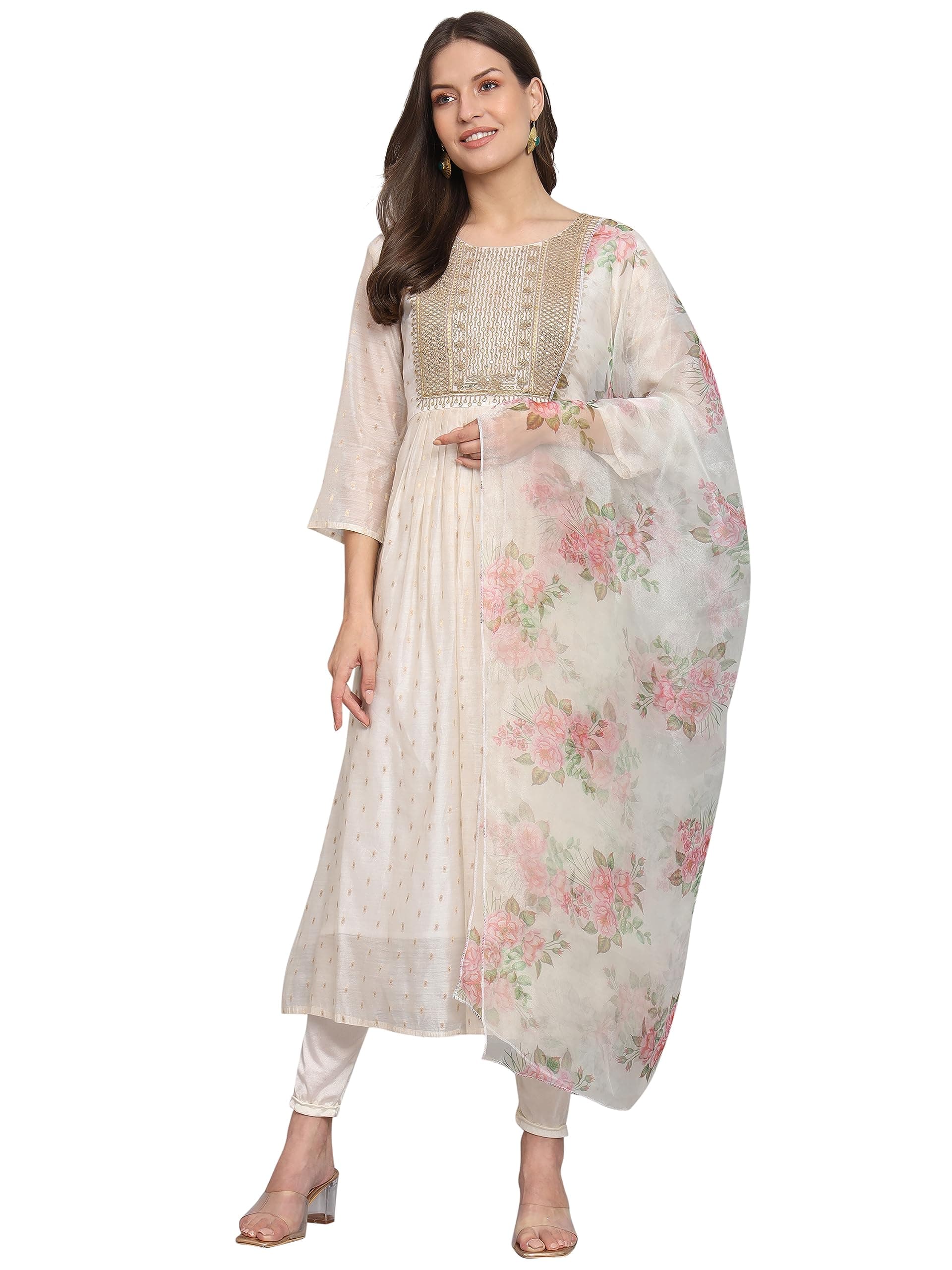 VredeVogel Women's Chanderi Modal Butti Kurta with Stretchable Leggings & Organza Dupatta Set