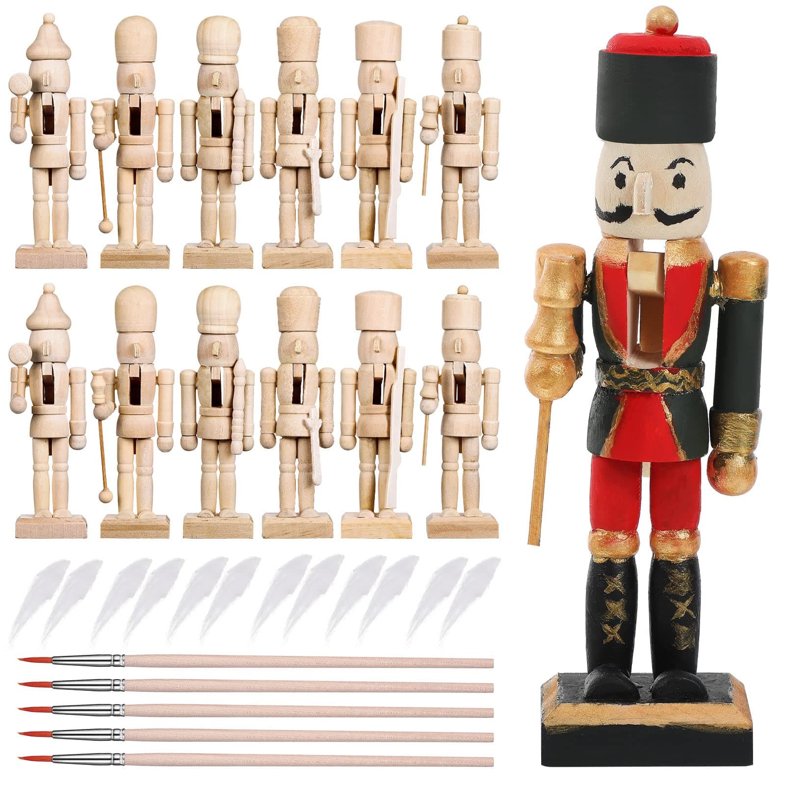 Yunsailing 29 Pcs Christmas Wooden Unfinished Nutcracker Figures Kit - Unpainted Nutcracker Soldier with Paint Brush and White Beard for DIY Craft Xmas Decor