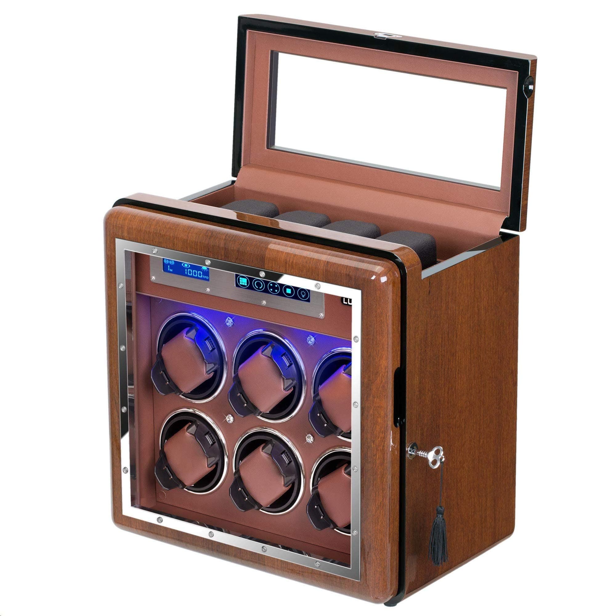 Watch Winder for 10 Automatic Watches, High Gloss Walnut Paint Finish, [Upgraded] Flexible Watch Pillows, Built-in LED Illuminated, Inlaid 4 Diamonds