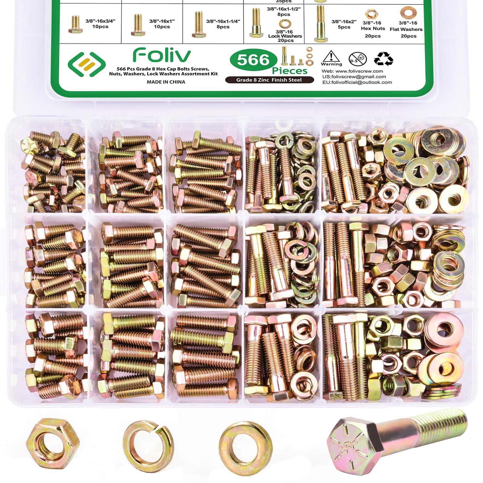 566pcs SAE Grade 8 Bolts and Nuts Kit