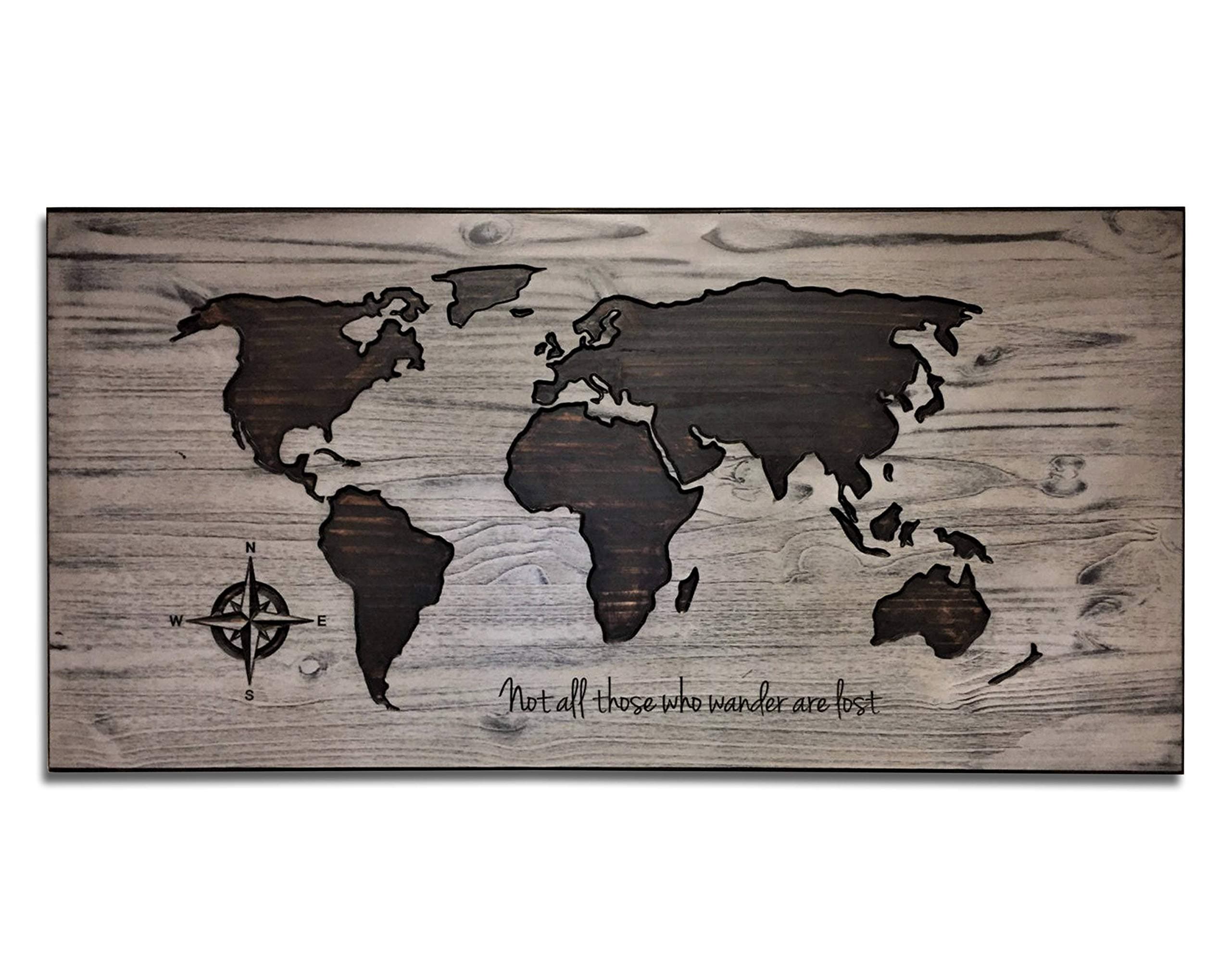 Stan256Nancy Large Printed Wood Sign world map wall art wooden world map Vintage map rustic travel decor Not All Who Wander are Lost JRR Tolkien anniversary