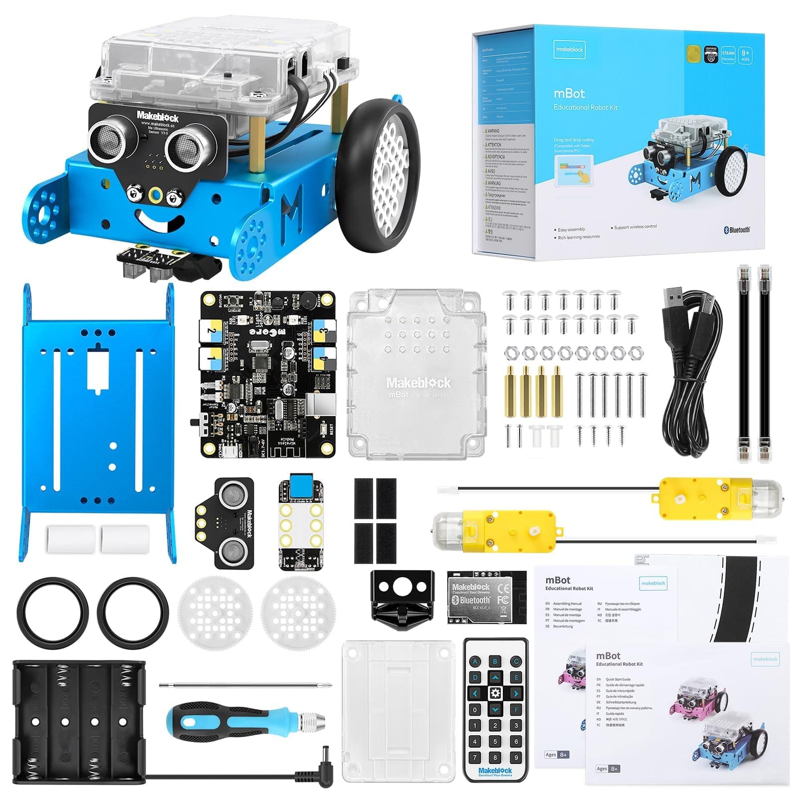 mBot Robot Kit, DIY Mechanical Building Blocks, Entry-level Programming Helps Improve Children' s Logical Thinking and Creativity Skills, STEM Education. (Blue, Bluetooth Version, Family)