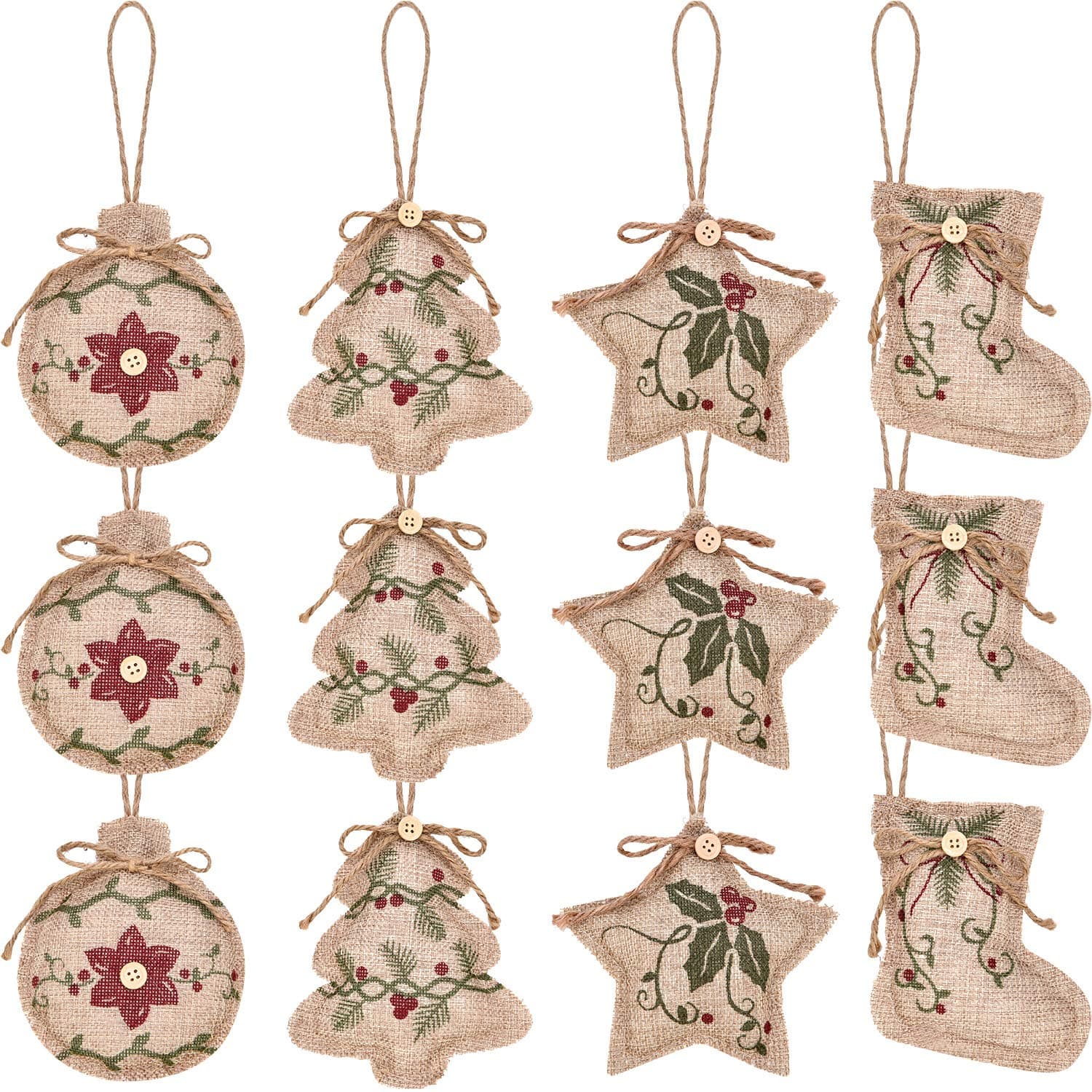 Jetec 12 Pieces Rustic Christmas Burlap Tree Ornaments Farmhouse Hanging Decorations Christmas Stocking Tree Ball Shaped Decor for Party