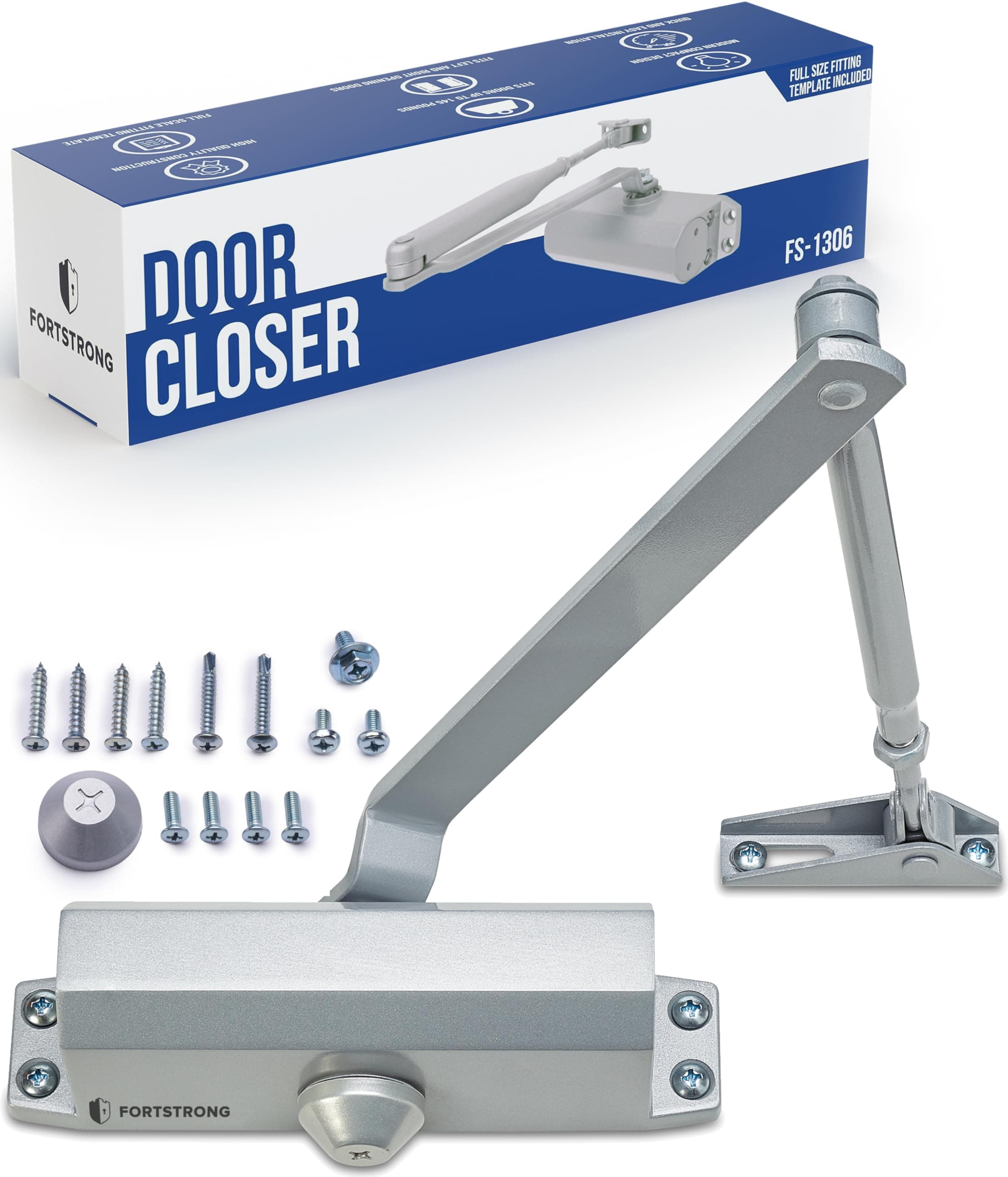 FORTSTRONG Door Closer FS-1306 Automatic Adjustable Closers Grade 3 Spring Hydraulic Auto Door-Closer with Easy Installation Life Size Fitting Template & Instructions Silver Aluminium