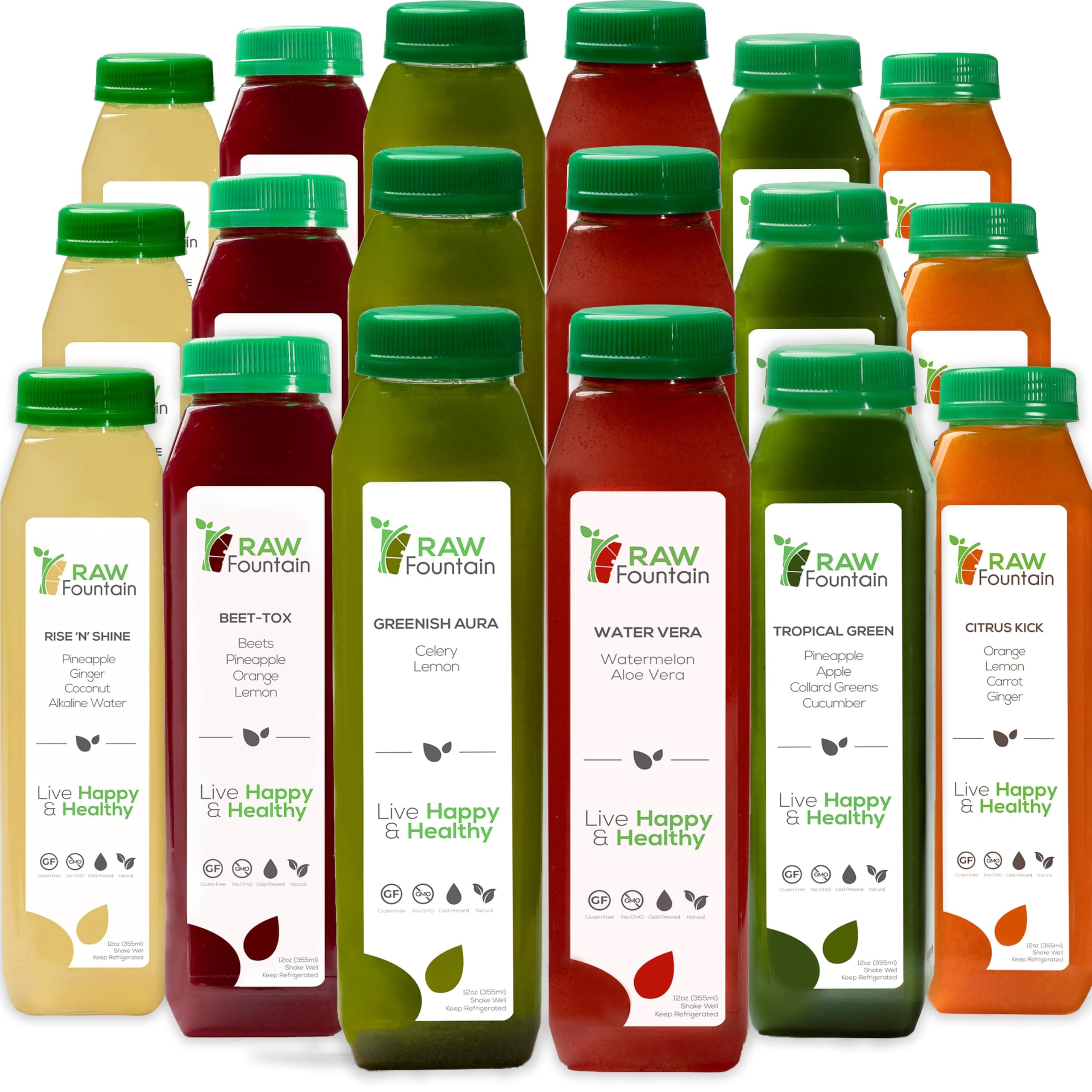 3 Day Juice Cleanse by Raw Fountain, Tropical Flavors, All Natural Raw, Cold Pressed Fruit and Vegetable Juices, Detox Cleanse, 18 Bottles 12oz, 3 Bonus Ginger Shots
