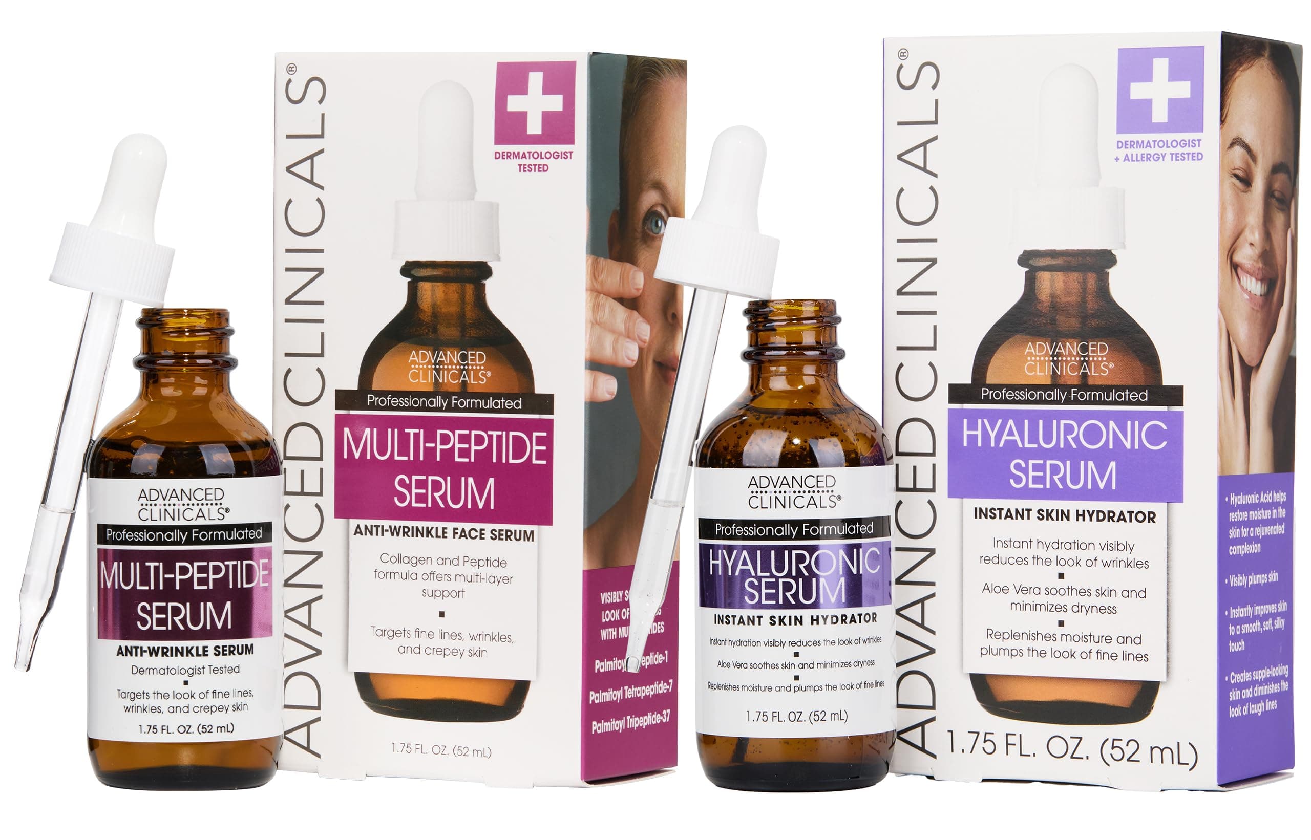 Advanced Clinicals Hyaluronic Acid Face Serum & Peptide Facial Serum Skin Care Bundle W/Collagen Skincare Set. Hydrating Serums For Wrinkles, Dry Skin, Fine Lines, 1.75 Fl Oz (Set of 2)#