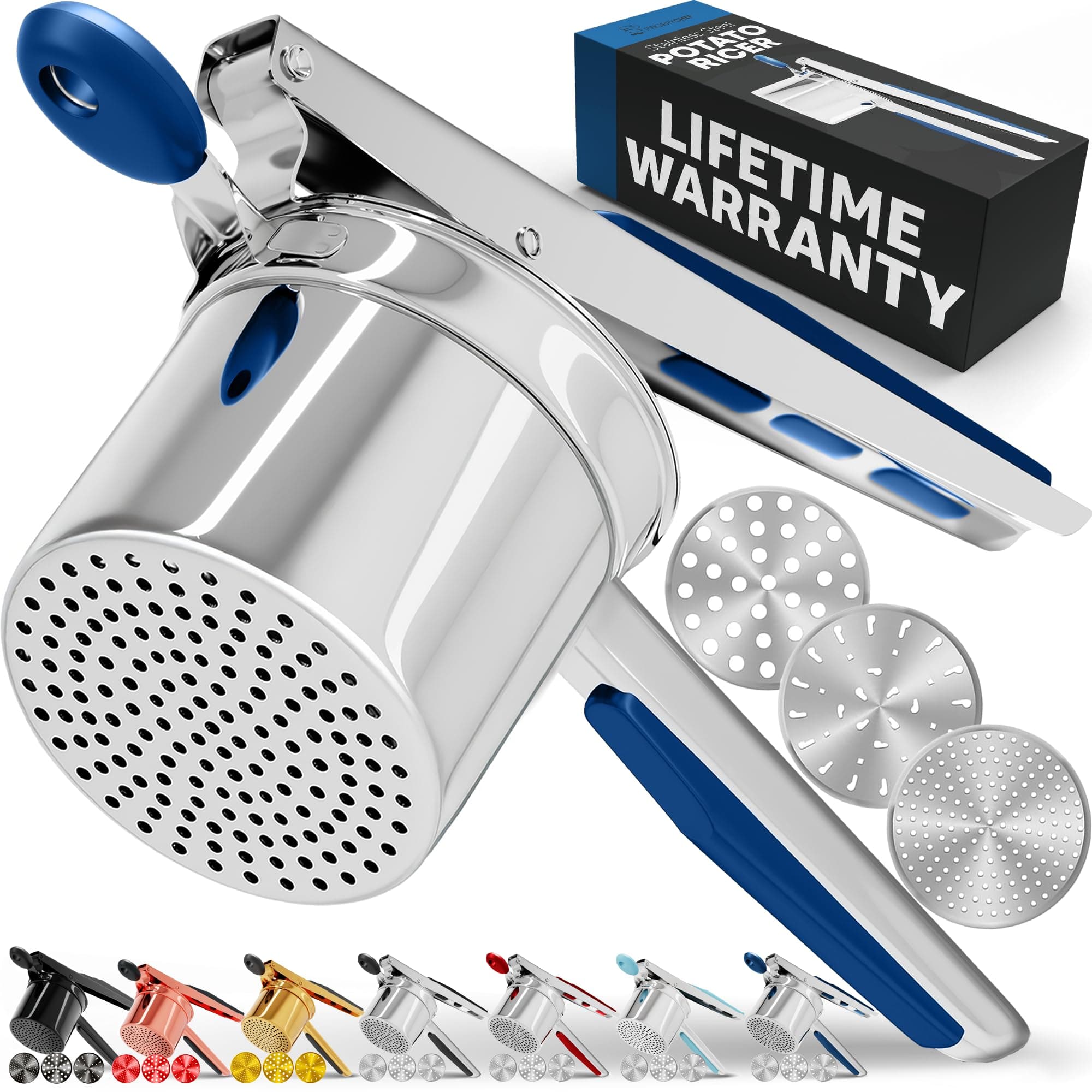 PriorityChef (プライオリティシェフ) 大型 15オンス ポテストライサー ディスク3枚付き 高耐久 ステンレススチール ポテトライサー マッシュポテト ポテトマッシャー プレス ライサー キッチンツール ブルー