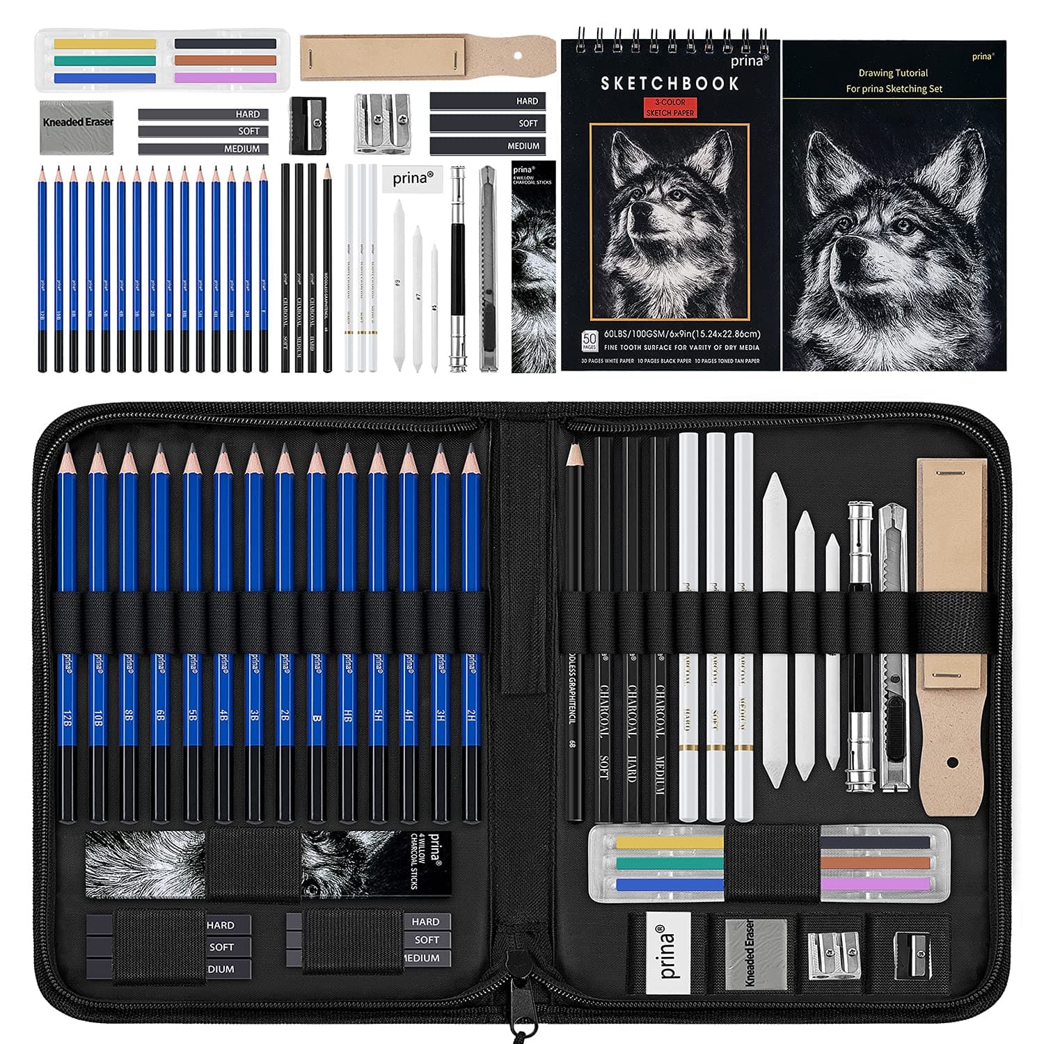 Prina 50 Pack Drawing Set Sketch Kit, Pro Art Sketching Supplies with 3-Color Sketchbook, Graphite, and Charcoal Pencils for Artists Adults Teens Beginner Kid, Ideal for Shading, Blending
