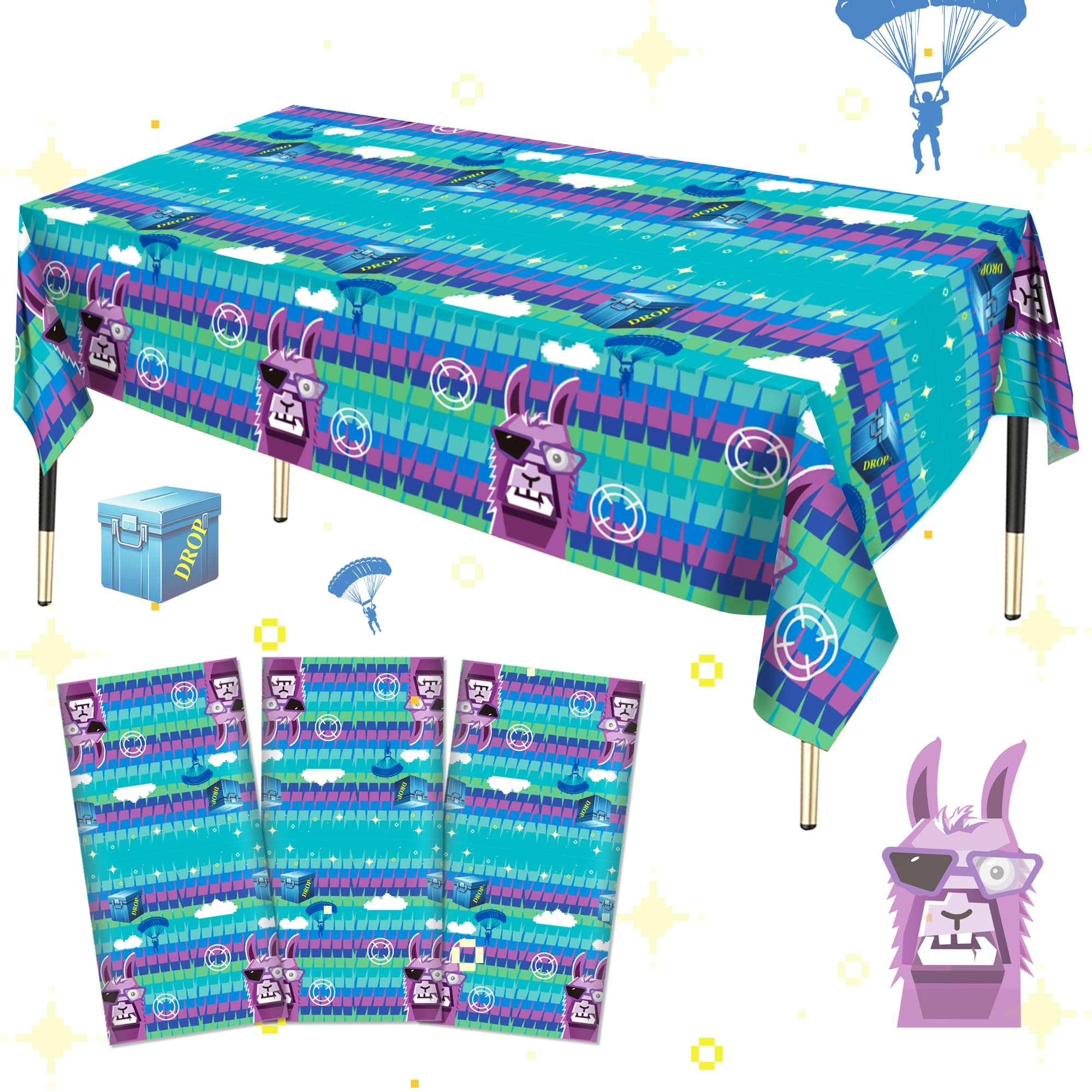 Llama Theme Party Tablecloth 3 PCS, Plastic Disposable Video Games Table Cover for Game Fans Birthday Party Decorations Supplies, 86.6 x 51.2in
