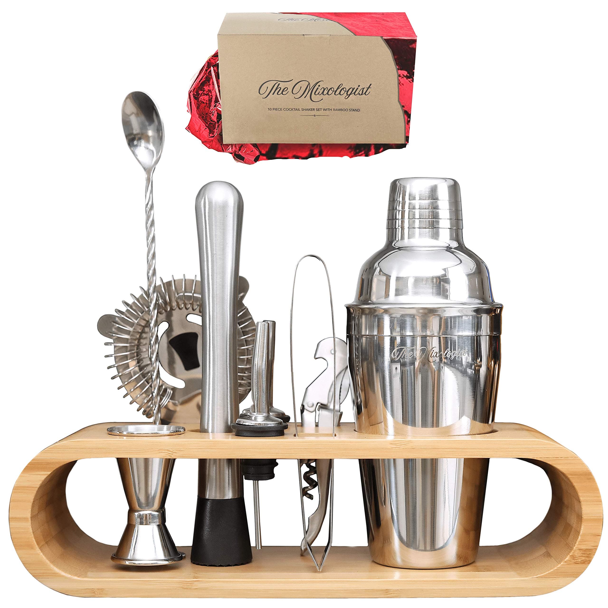 The Mixologist™ Cocktail Making Set: Home Cocktail Shaker Kit with Eco Bamboo Stand - Scandinavian Style Cocktail Set in a Gift Box - UK Brand -