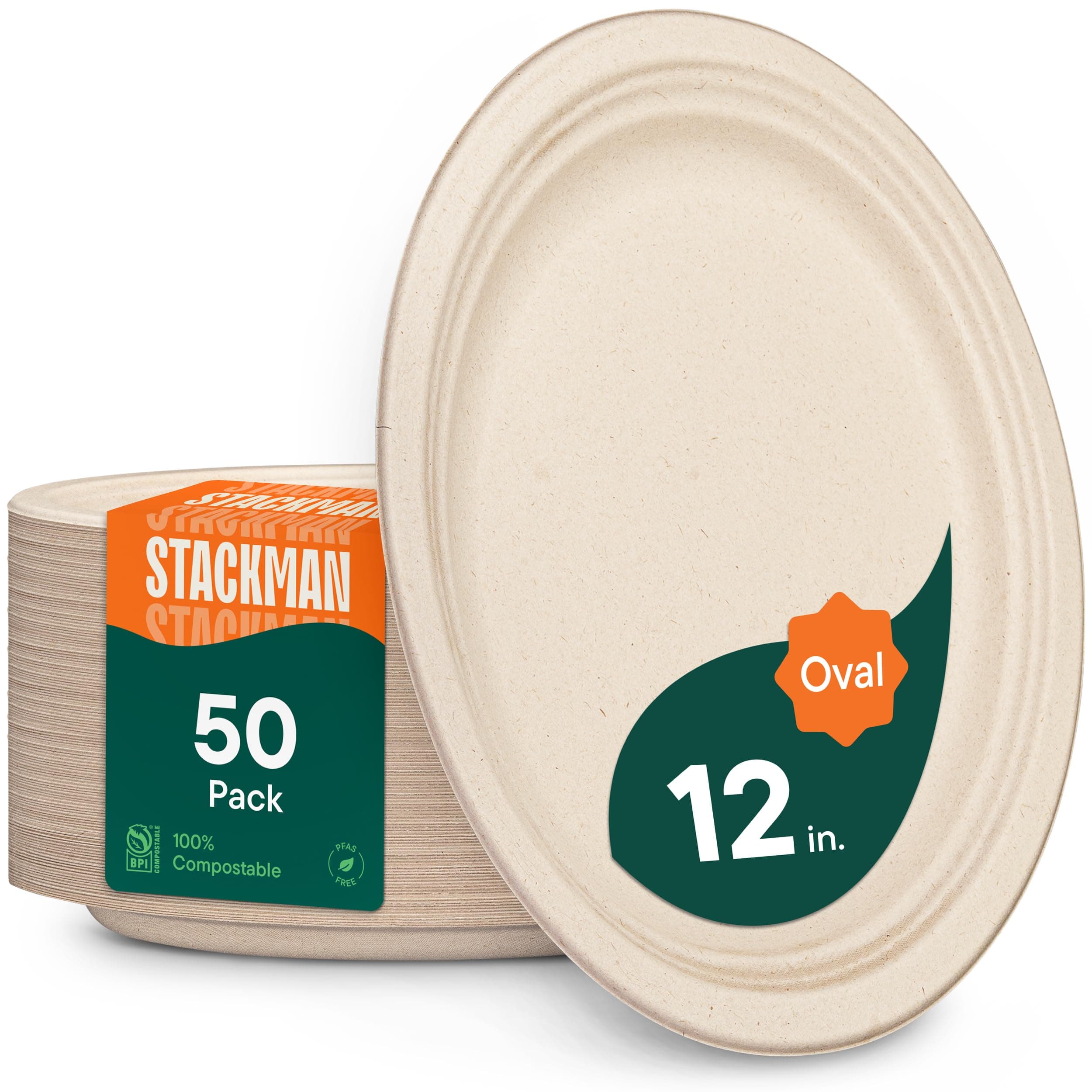 100% Compostable Oval Paper Plates [12.5 inch - 50-Pack] Elegant Disposable Dinner Platter Heavy-Duty Quality, Natural Bagasse Unbleached Eco-Friendly Made of Sugar Cane Fibers, [12.5" x 10" Platter]