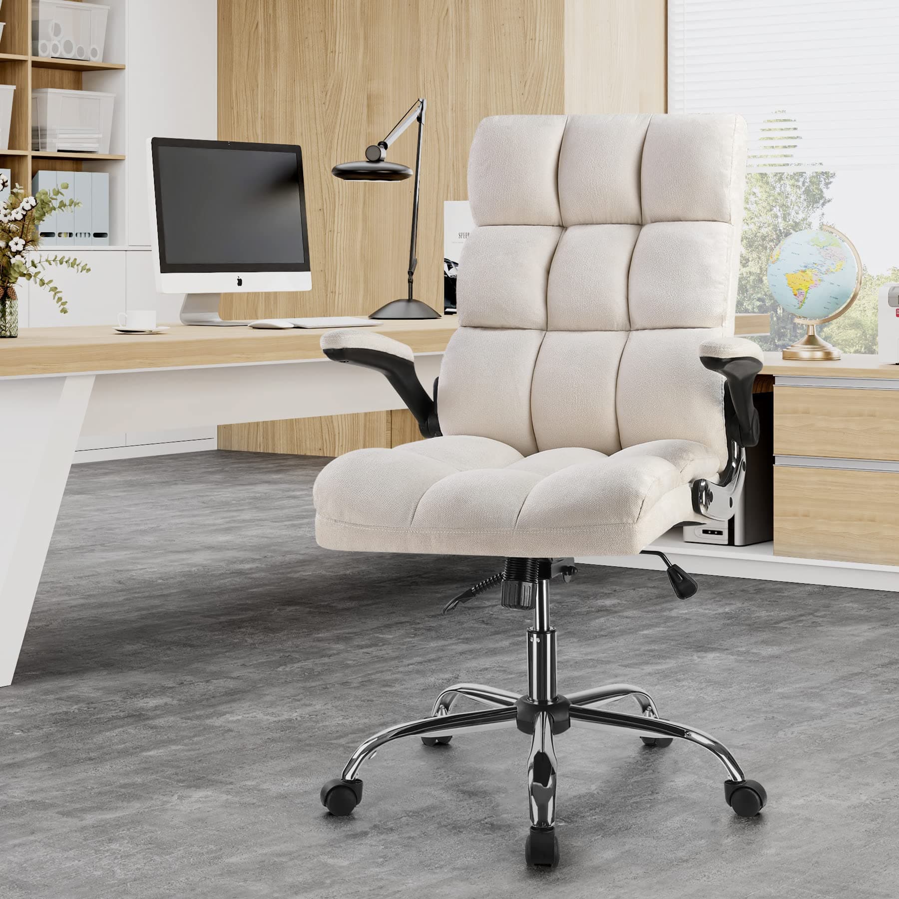 Velvet Office Chair with Adjustable Tilt Angle and Flip-up Arms, Executive Computer Desk Chair with Thick Padding and Ergonomic High Back, Comfortable, Beige