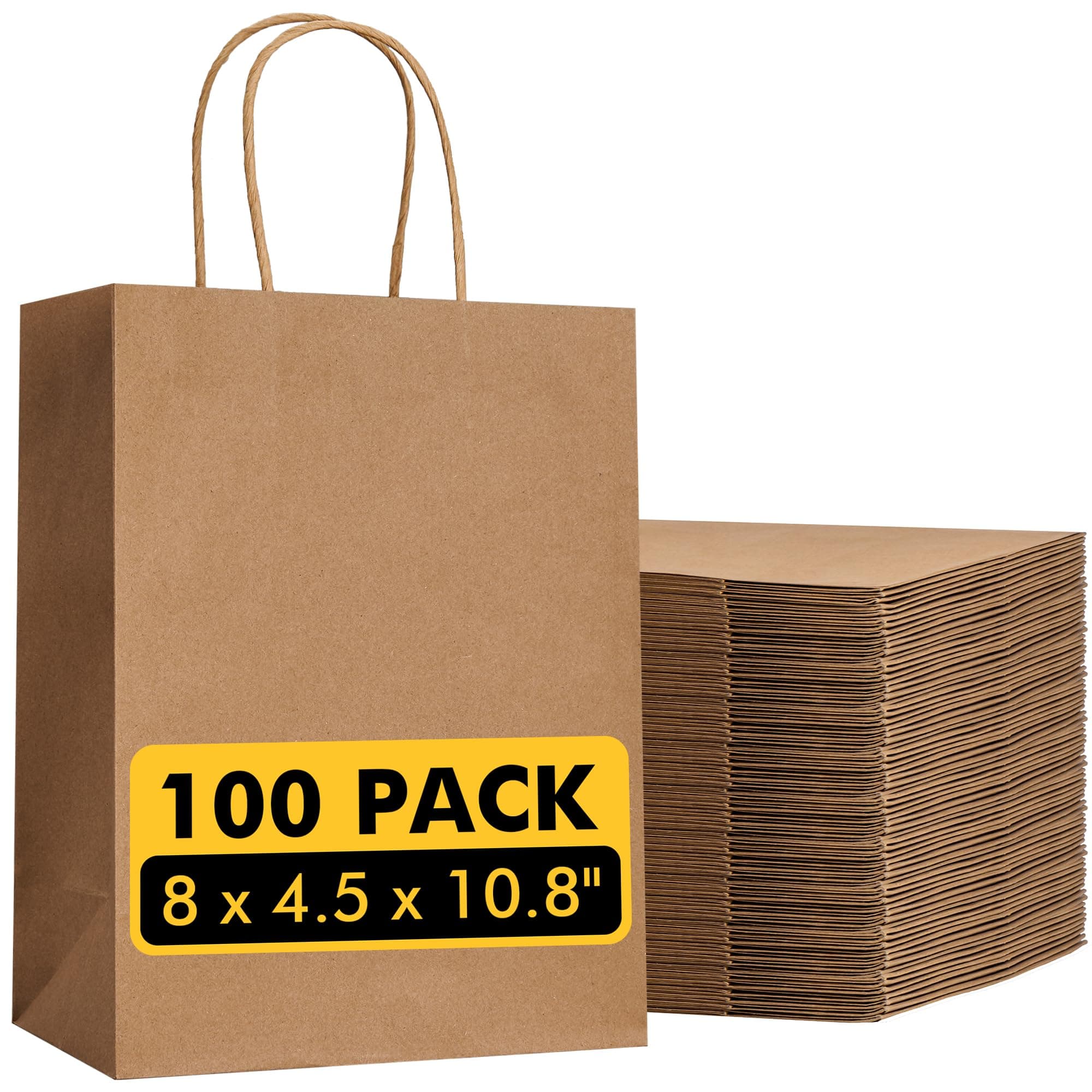 RACETOP Brown Paper Bags with Handles Bulk 100Pcs 8x4.5x10.8 Inch Gift Bags Bulk, Brown Kraft Paper Bags for Retail, Party, Shopping, Favor