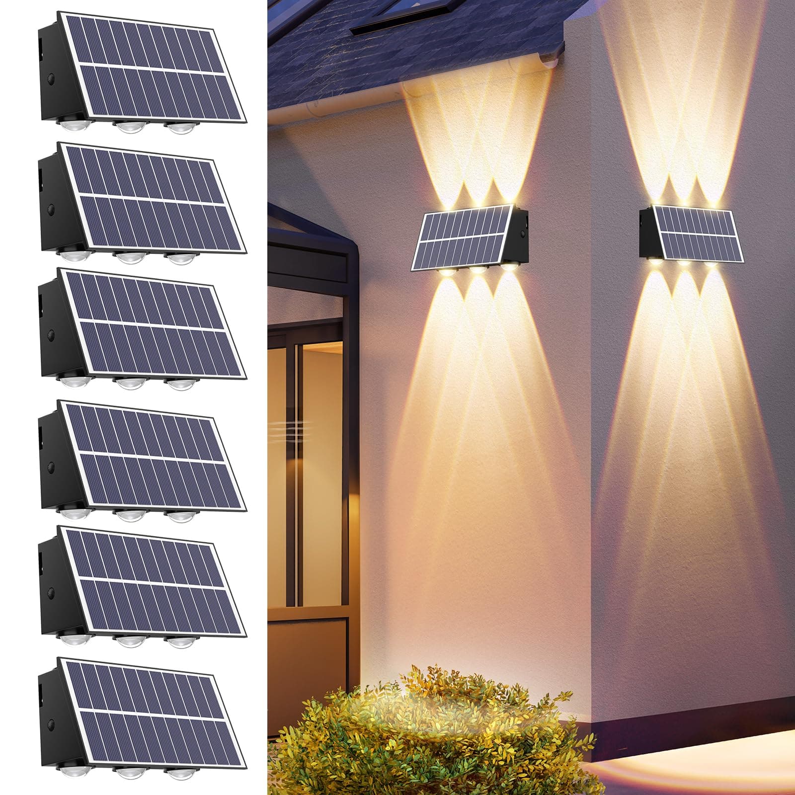 REINHARDT Solar Wall Lights - Outdoor Solar Fence Lights with Up & Down Sconces for Yard, Garden, Garage, Porch, Deck & Walkway - Waterproof, Warm White, 6 Pack