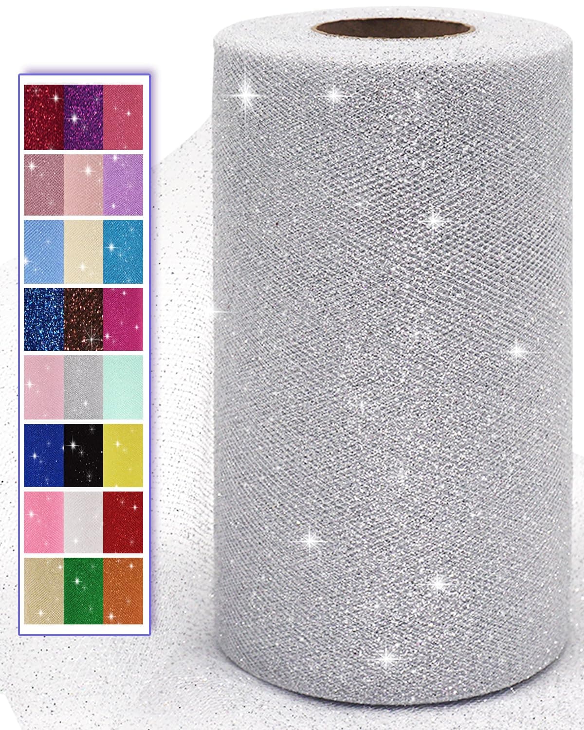 Glitter Tulle Fabric Rolls, 6 Inch 50 Yards (150ft) Sparkling Spool Ribbon Sequin Netting for Tutu Skirt Gift Wrapping Wedding Party Decoration (Silver)