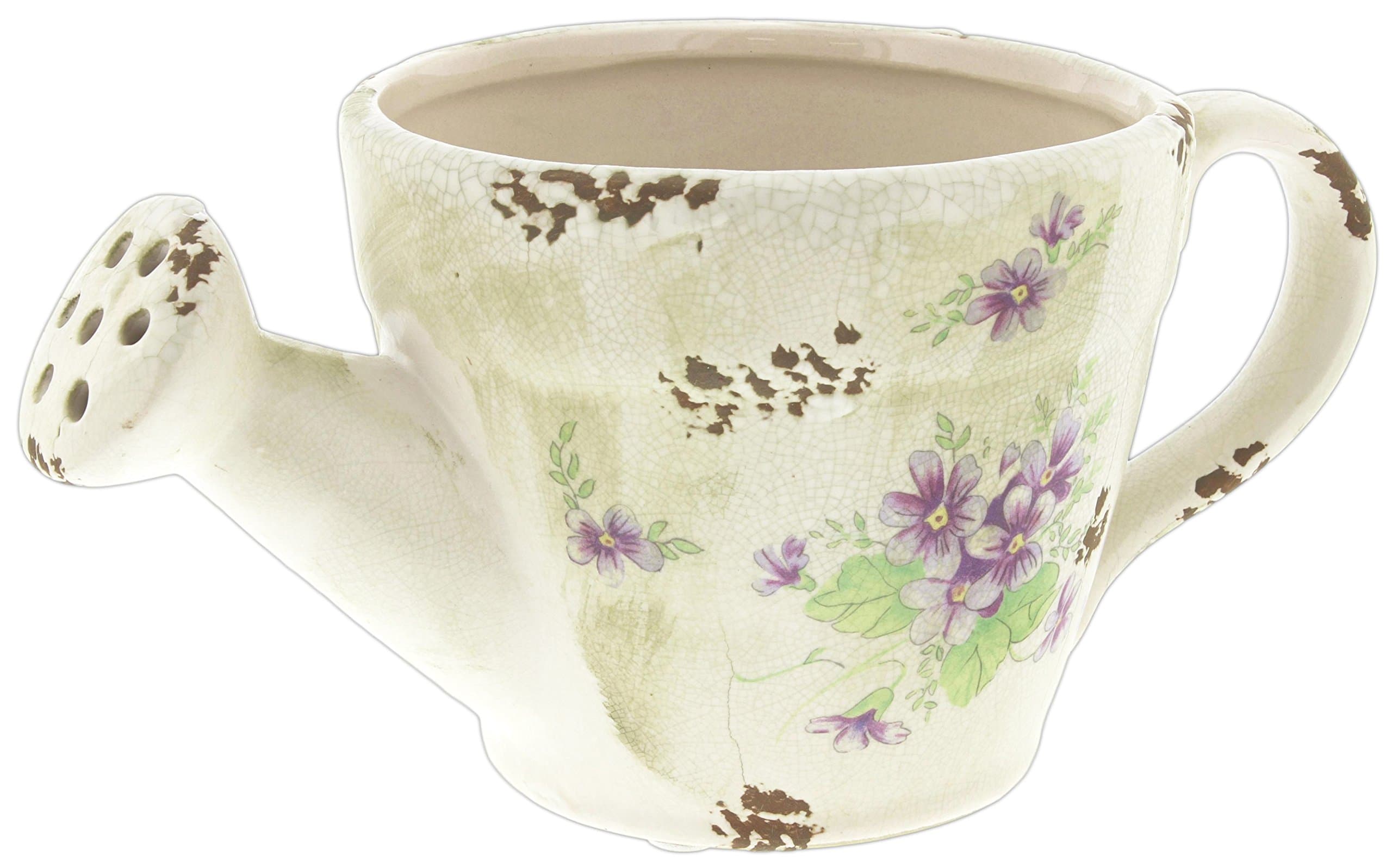 Lucky Winner 9" Ceramic Watering Can Planter with Violet Floral Design