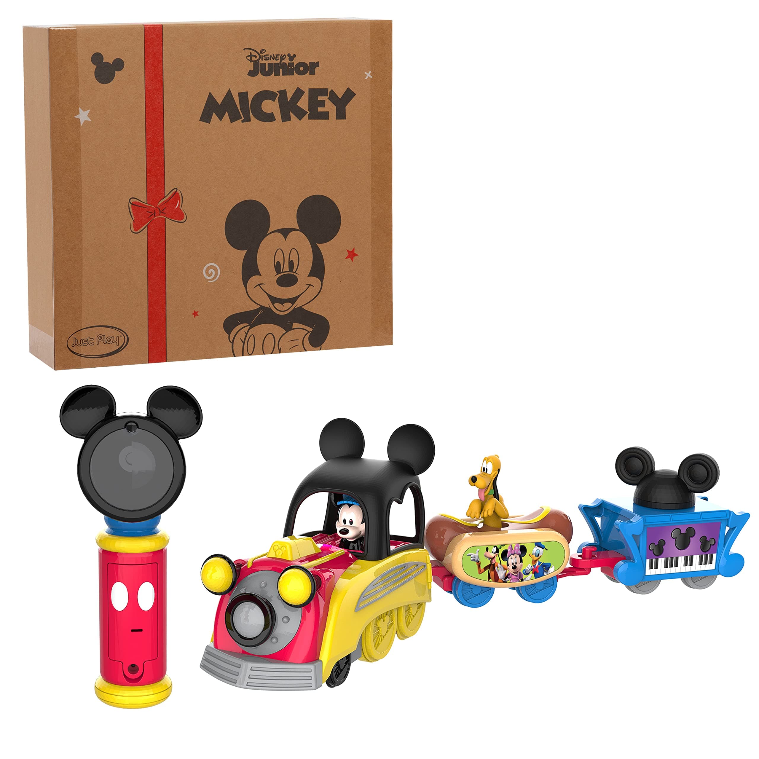 DisneyJunior Mickey Mouse Funhouse Light the Way Train, Musical Toy Train Set with Controller, Preschool