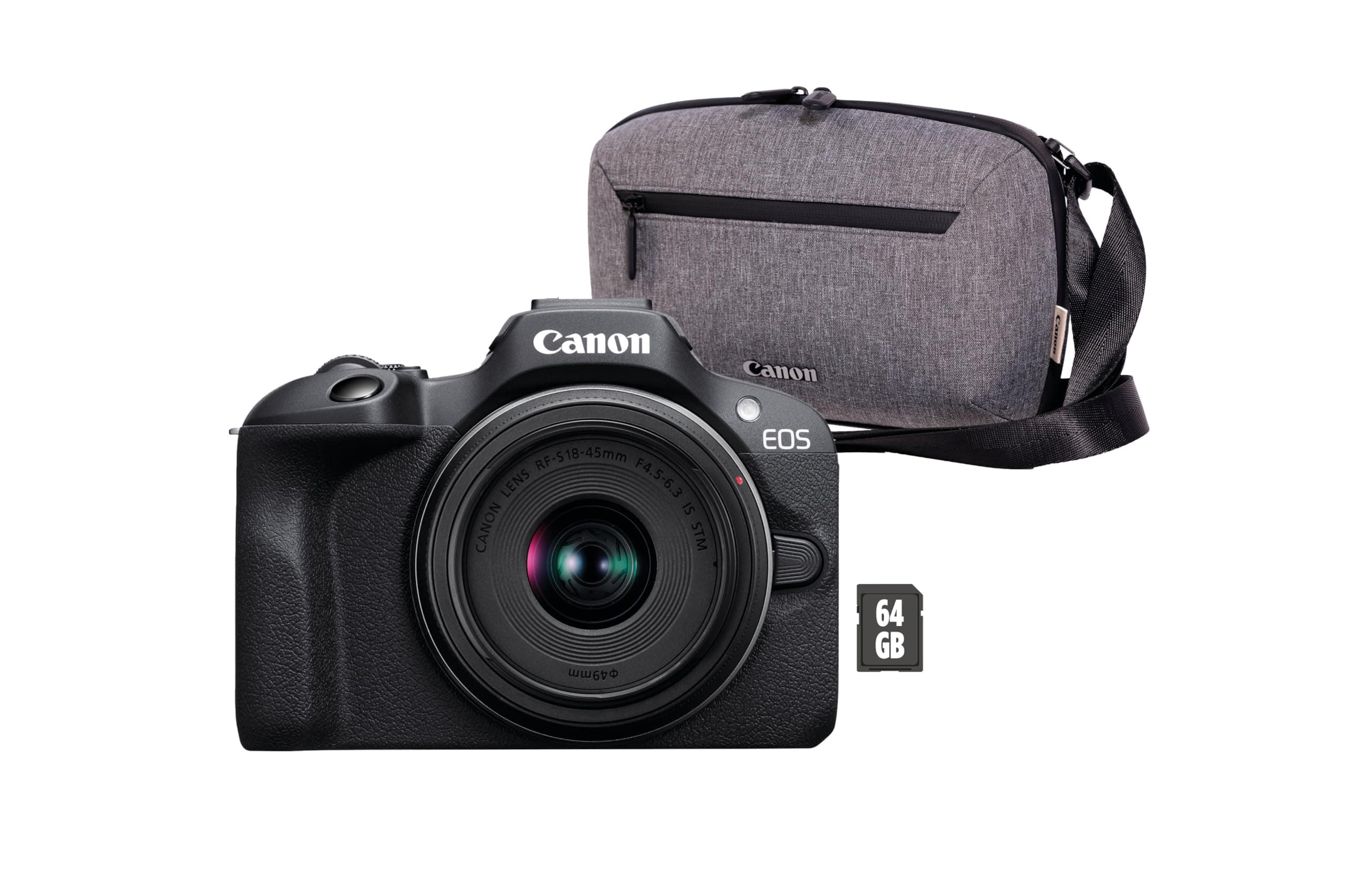 EOS R100 + RF-S 18-45mm F4.5-6.3 IS STM Lens - Compact Mirrorless Digital Camera - 24.1 MP, 4K Video - 6.5fps Continuous Shooting - Face & Eye Detection, Bluetooth, Wi-Fi - Camera Bag+64GB Card